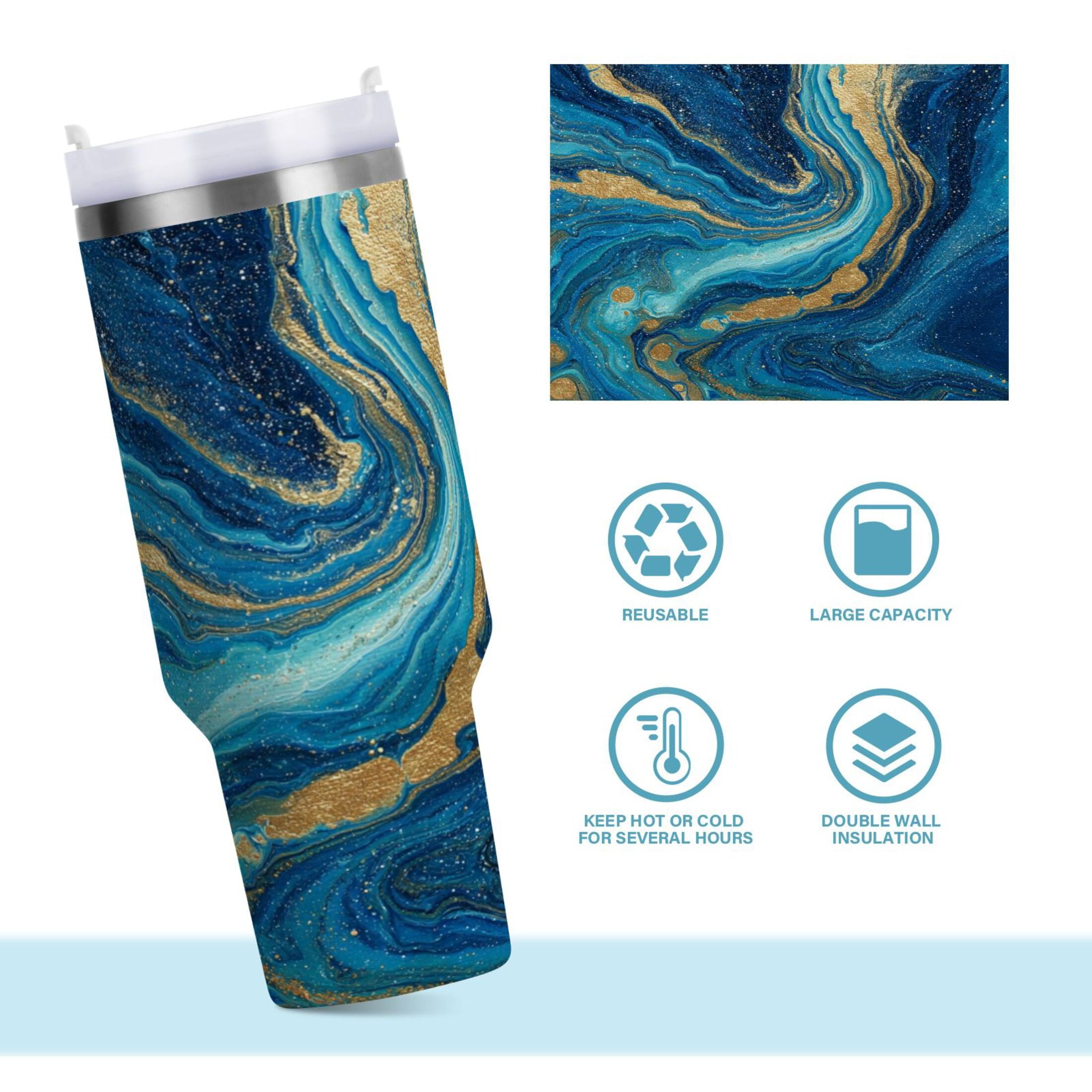 30 oz Insulated Stainless Steel Tumbler Double Wall Stainless Steel Tumbler with 2-Way Drinking Blue and Gold Ocean B3ZT