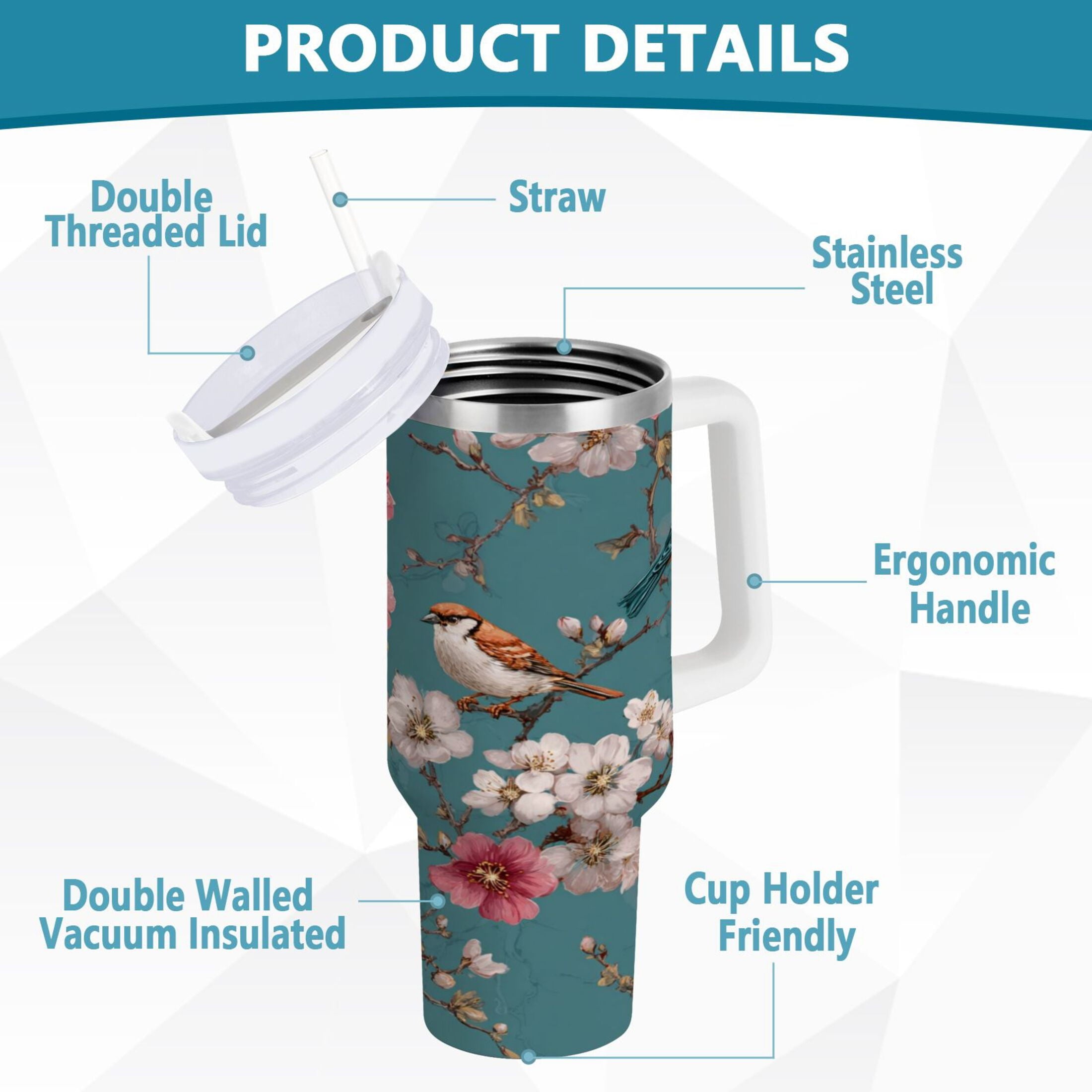 30 oz Insulated Stainless Steel Tumbler Double Wall Stainless Steel Tumbler with 2-Way Drinking Birds and Cherry Pattern TNXK