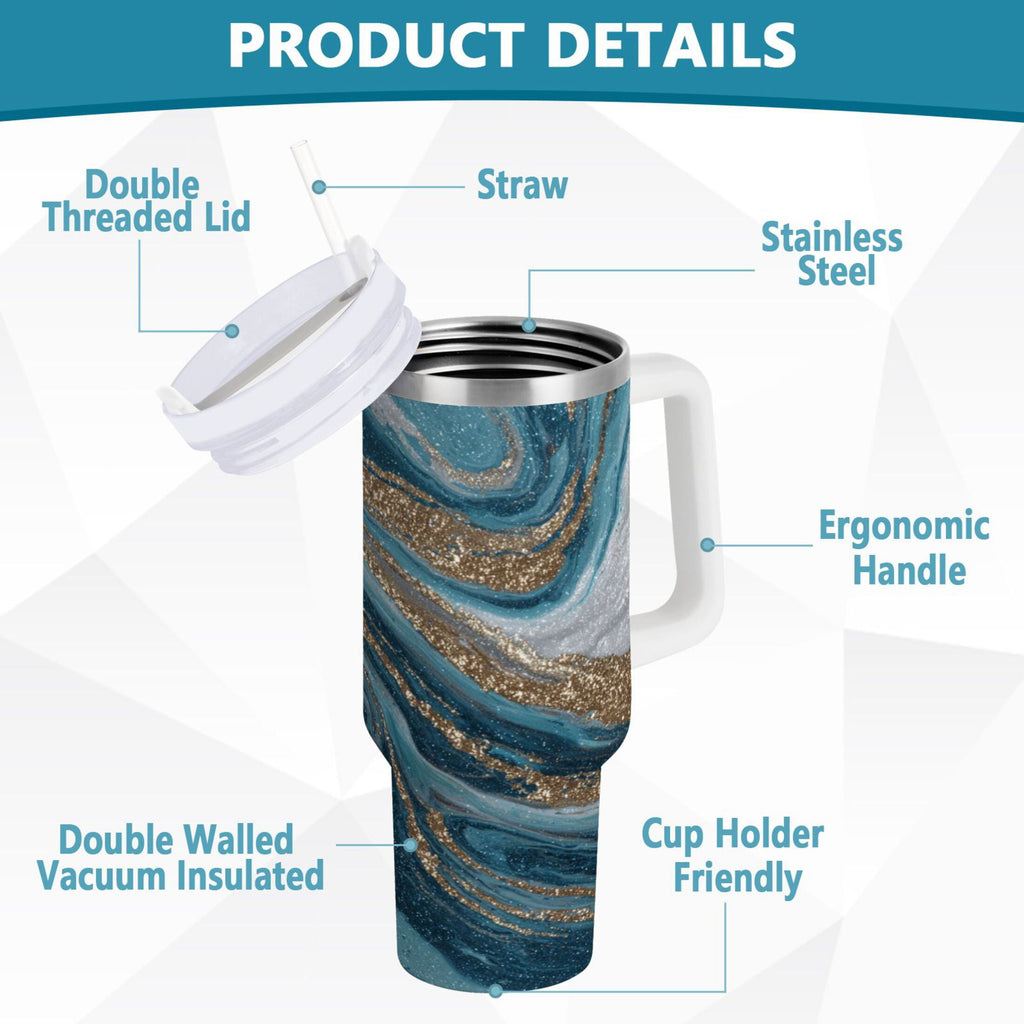 30 oz Insulated Stainless Steel Tumbler Double Wall Stainless Steel Tumbler with 2-Way Drinking Blue and Gold Swirling QE2X