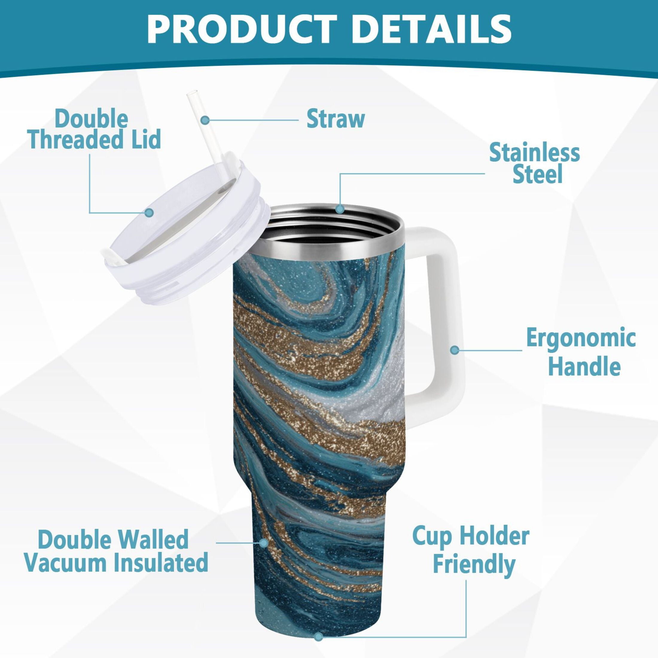 30 oz Insulated Stainless Steel Tumbler Double Wall Stainless Steel Tumbler with 2-Way Drinking Blue and Gold Swirling QE2X