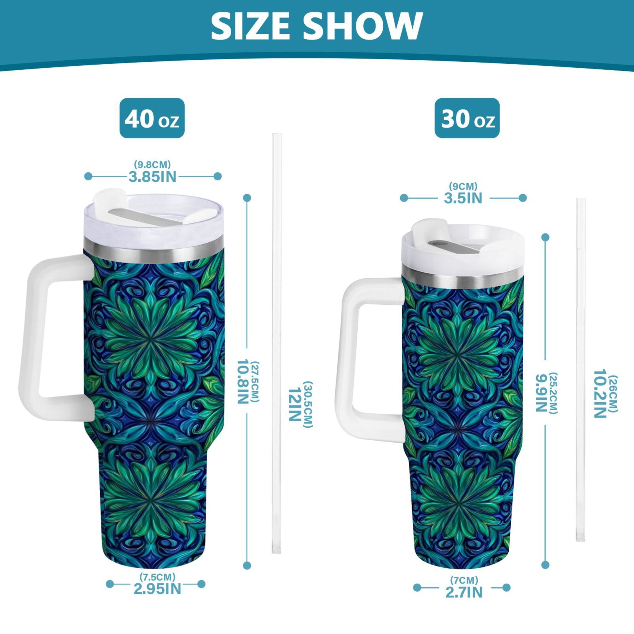 40 oz Insulated Stainless Steel Tumbler Double Wall Stainless Steel Tumbler with 2-Way Drinking Elegant Blue Traditional Patterns 99BN