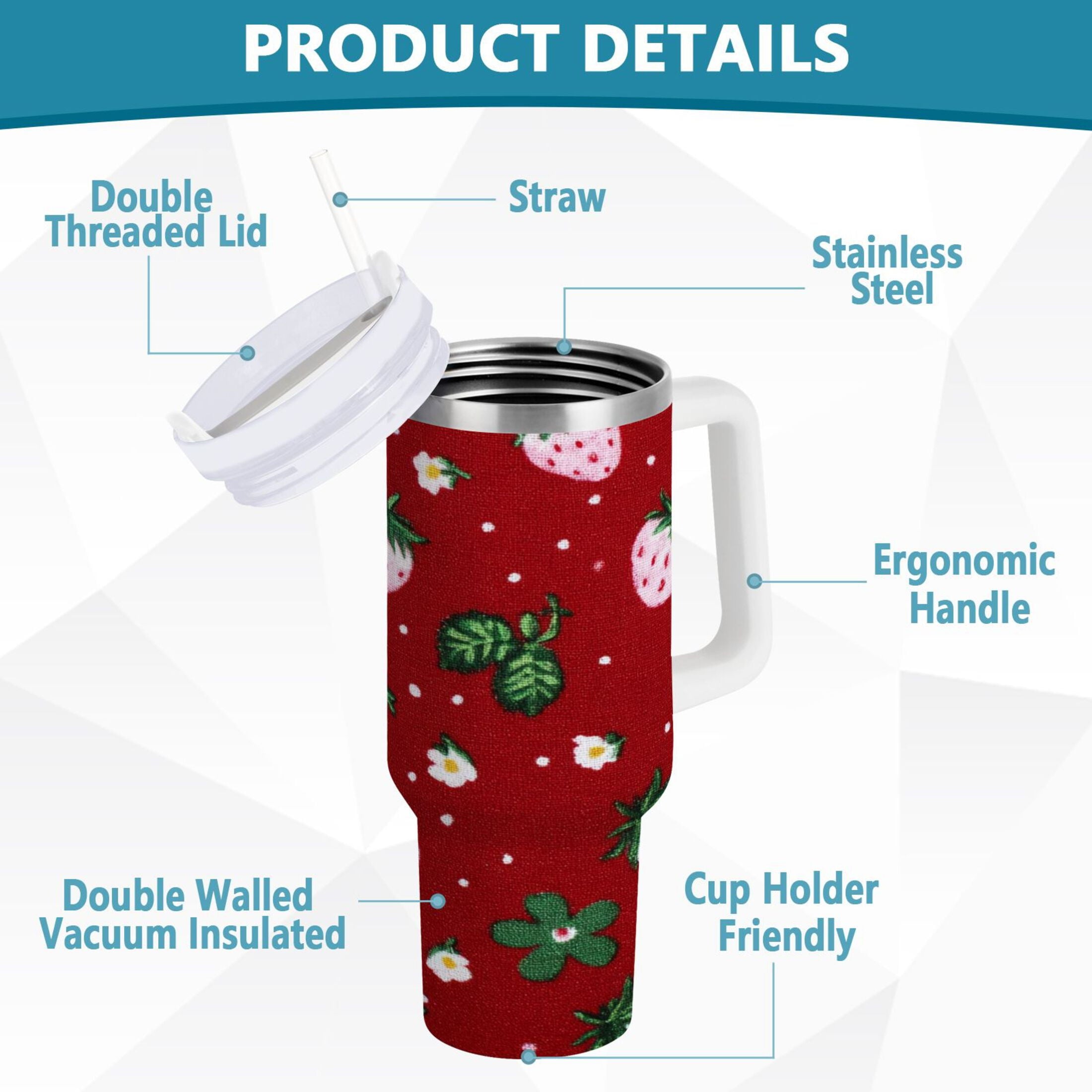 30 oz Insulated Stainless Steel Tumbler Double Wall Stainless Steel Tumbler with 2-Way Drinking Cute Pink Strawberry Pattern 28CP