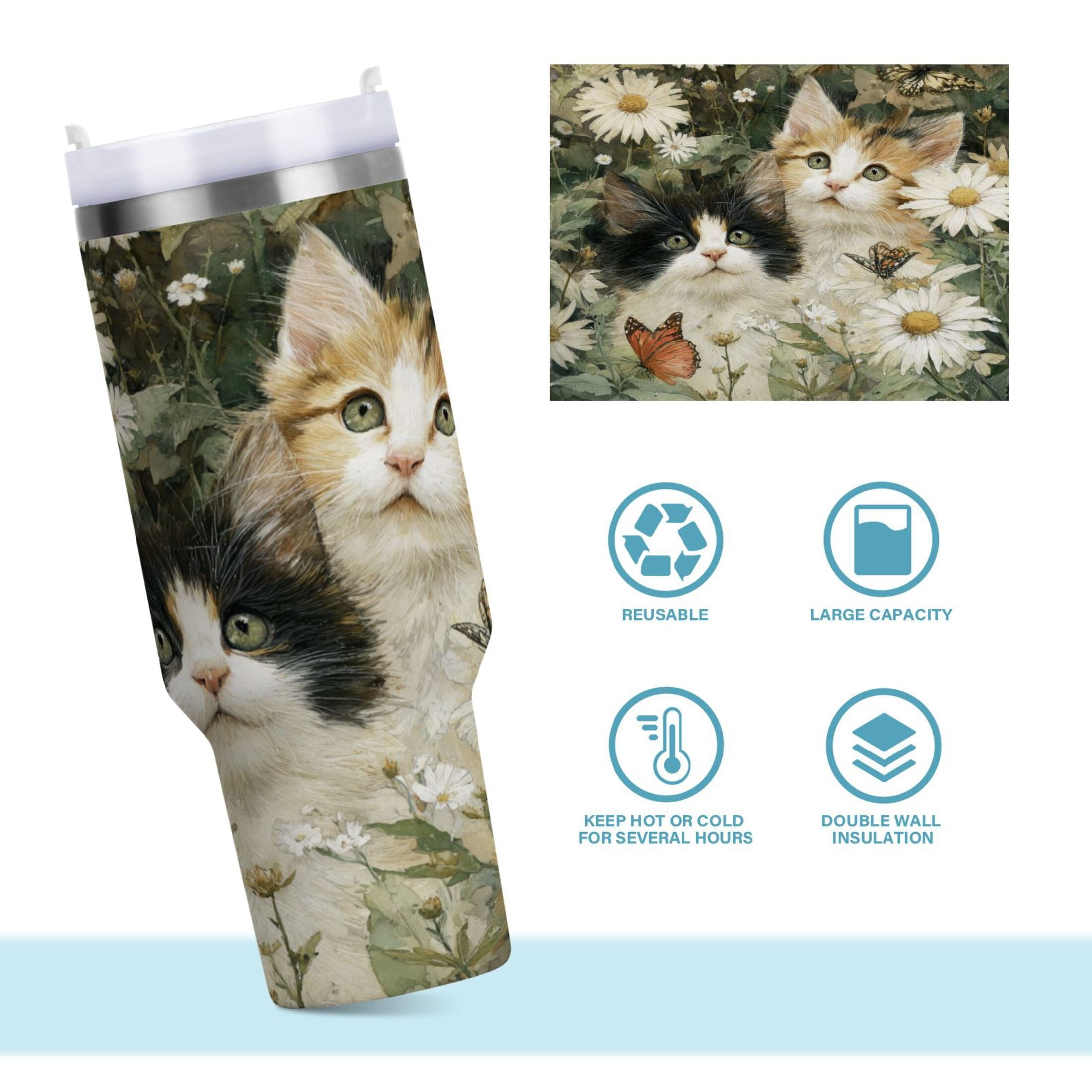 30 oz Insulated Stainless Steel Tumbler Double Wall Stainless Steel Tumbler with 2-Way Drinking Adorable Cats and Daisies GBGW