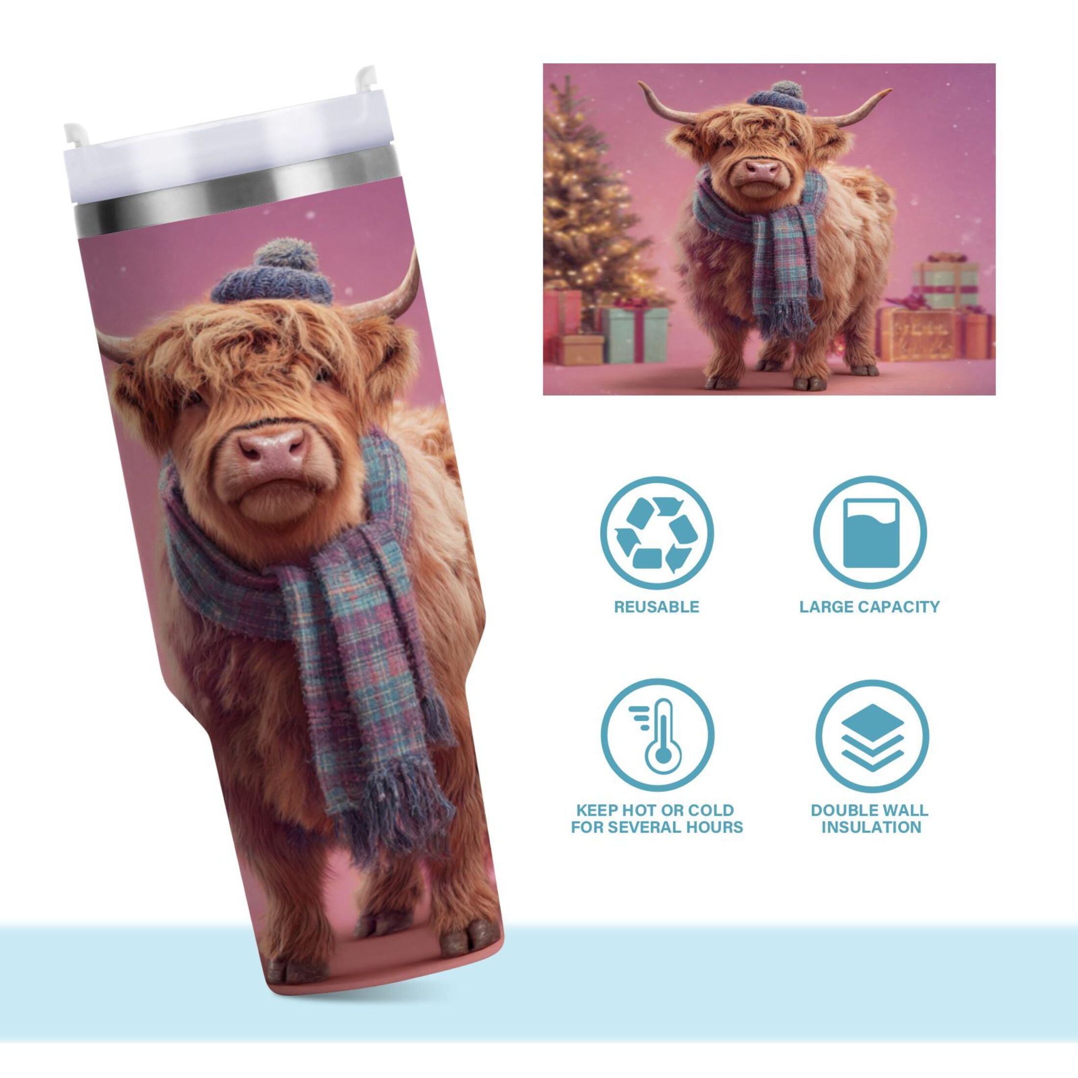 30 oz Insulated Stainless Steel Tumbler Double Wall Stainless Steel Tumbler with 2-Way Drinking Cow Wearing Christmas 34Q4