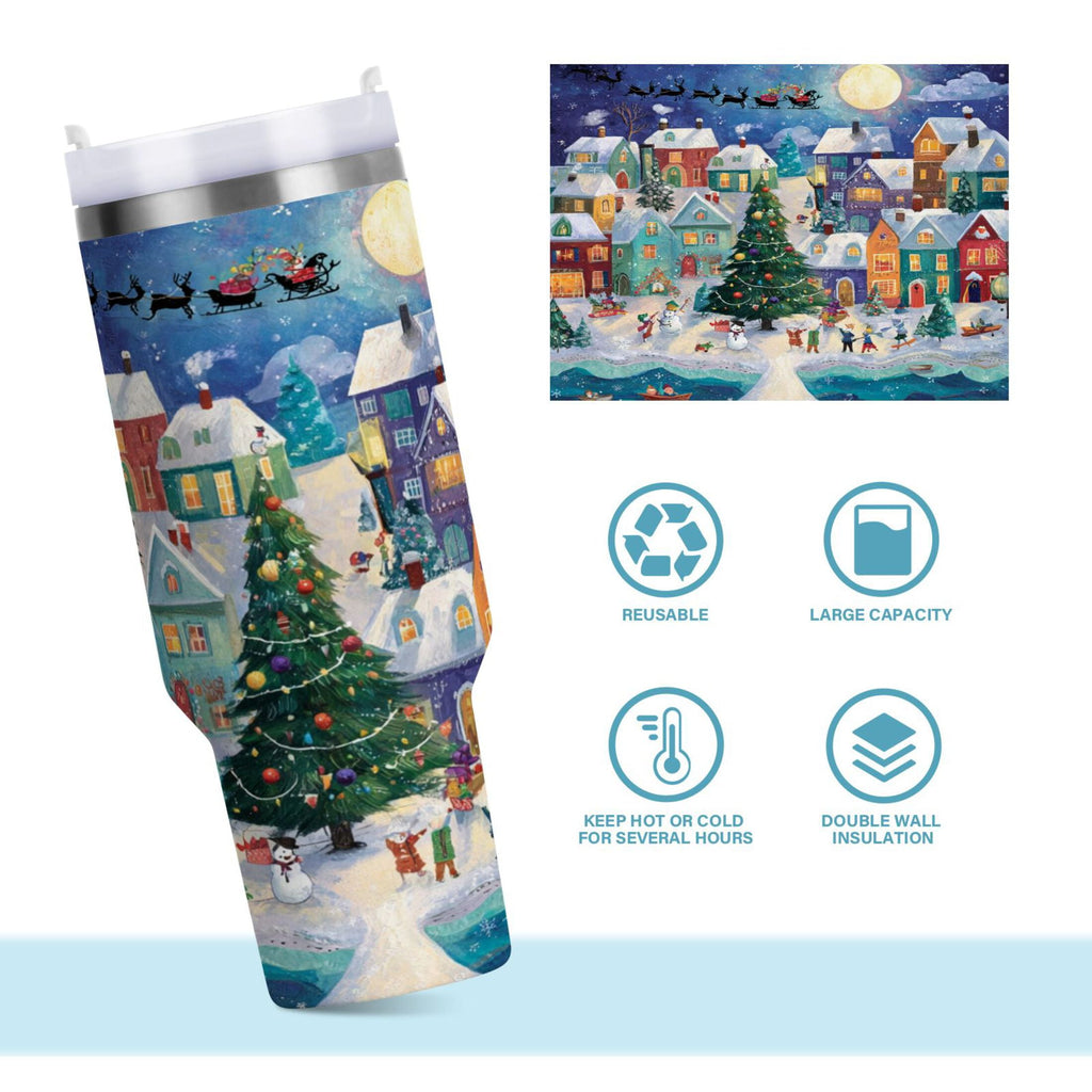 30 oz Insulated Stainless Steel Tumbler Double Wall Stainless Steel Tumbler with 2-Way Drinking Charming Christmas Scene TD3G