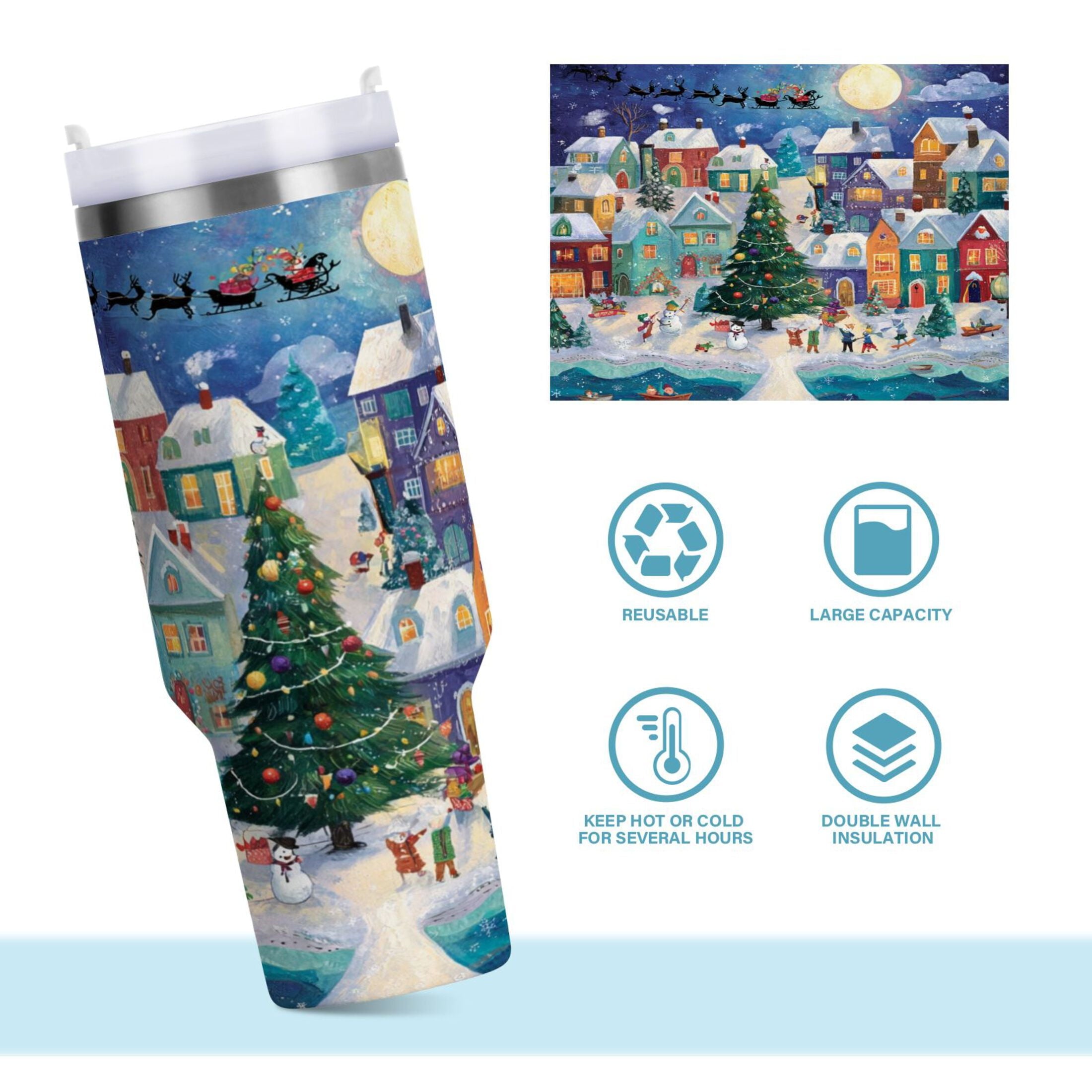 30 oz Insulated Stainless Steel Tumbler Double Wall Stainless Steel Tumbler with 2-Way Drinking Charming Christmas Scene TD3G