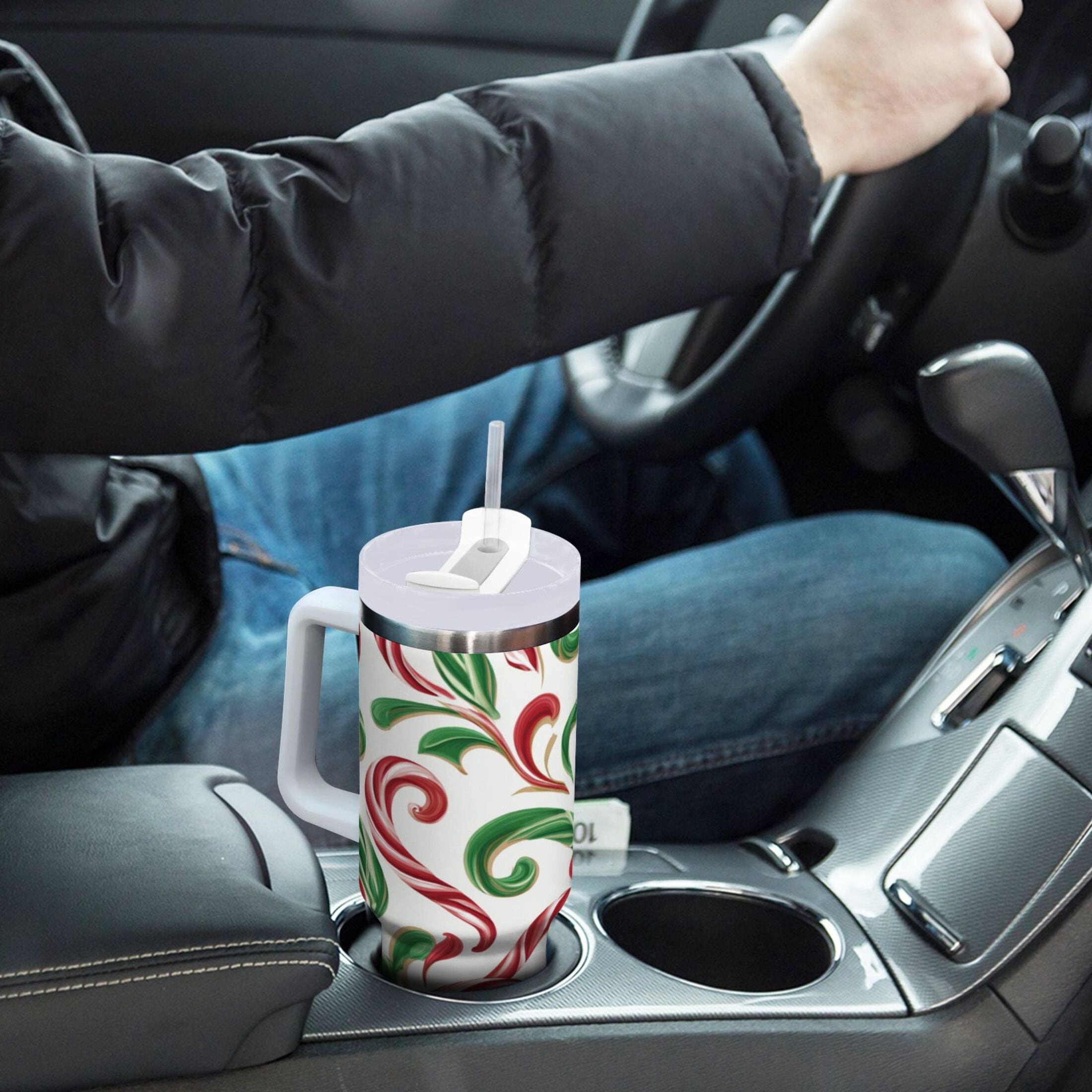 40 oz Insulated Stainless Steel Tumbler Double Wall Stainless Steel Tumbler with 2-Way Drinking Red and Green Candy-cane 344Z