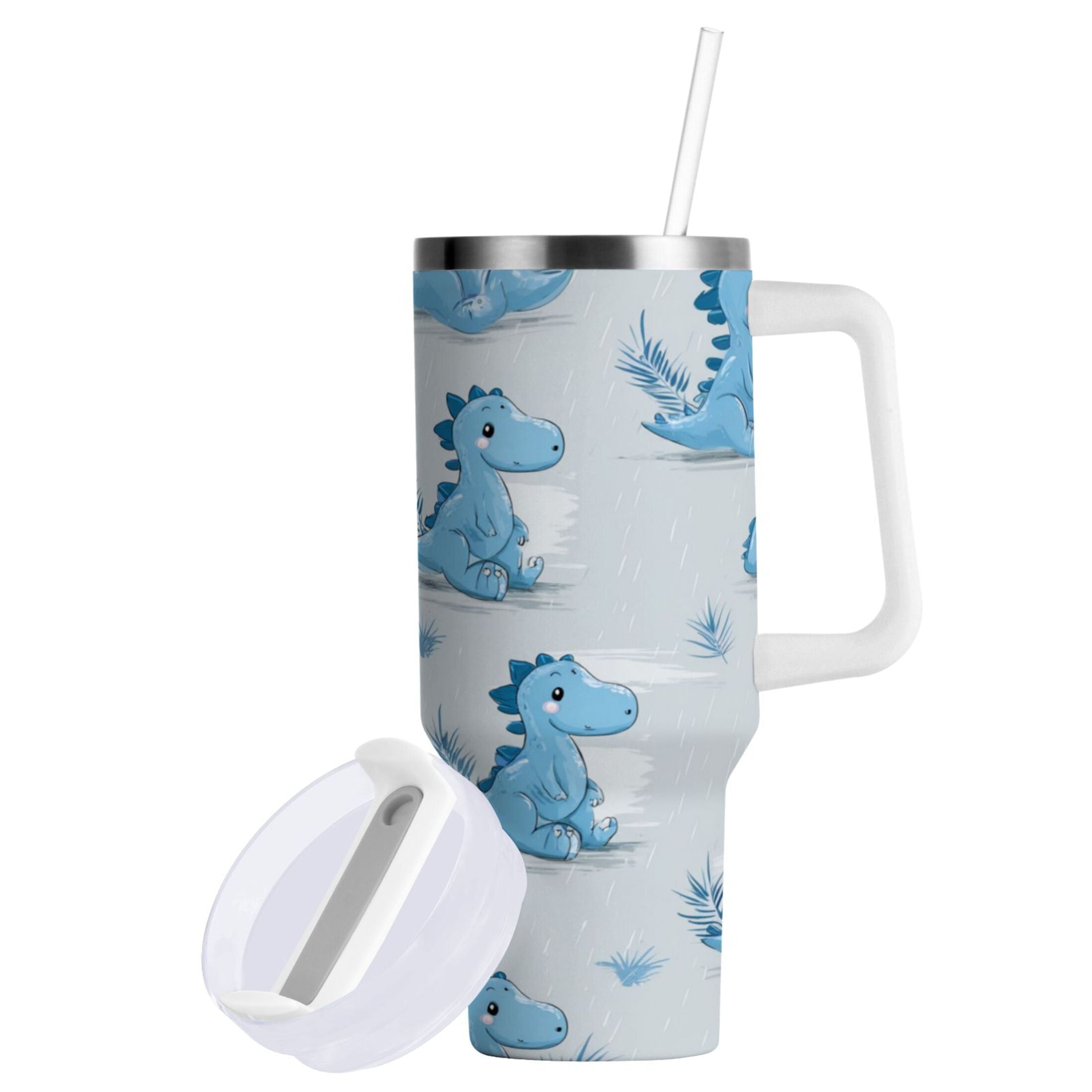 30 oz Insulated Stainless Steel Tumbler Double Wall Stainless Steel Tumbler with 2-Way Drinking Cartoon Blue Dinosaurs 73KN