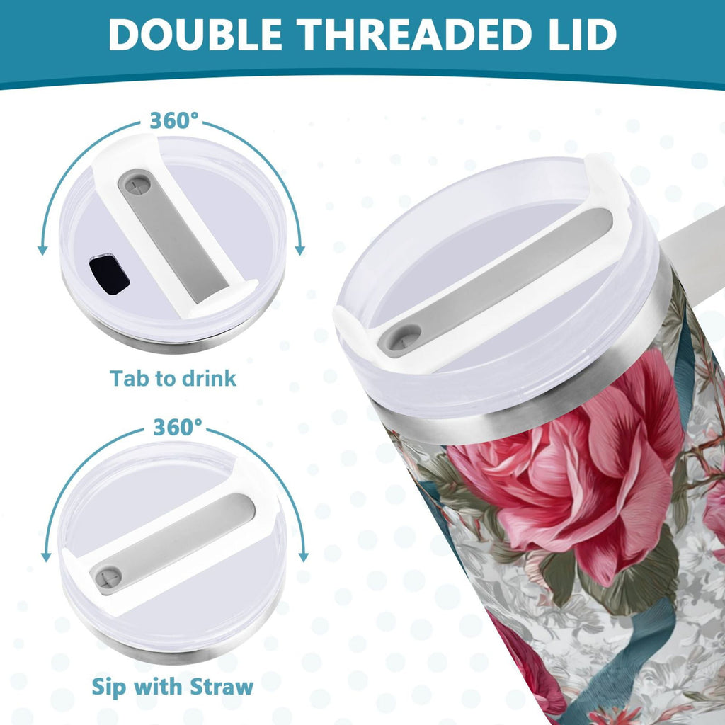 30 oz Insulated Stainless Steel Tumbler Double Wall Stainless Steel Tumbler with 2-Way Drinking Roses and Ribbons HK6M
