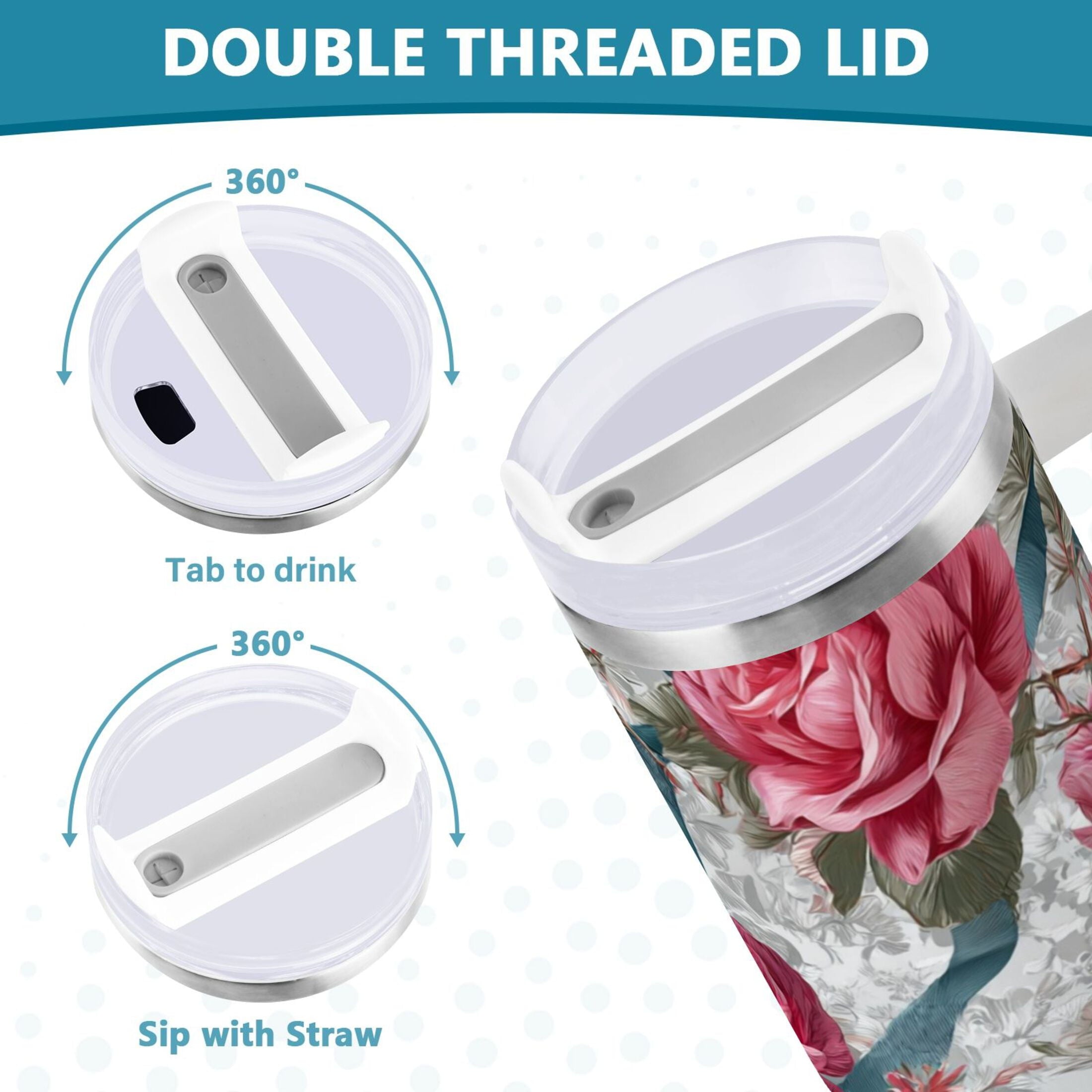 30 oz Insulated Stainless Steel Tumbler Double Wall Stainless Steel Tumbler with 2-Way Drinking Roses and Ribbons HK6M