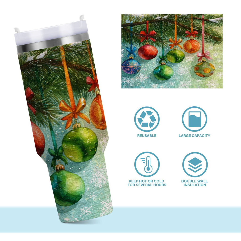 30 oz Insulated Stainless Steel Tumbler Double Wall Stainless Steel Tumbler with 2-Way Drinking Christmas Ornaments Watercolor Painting VLIN