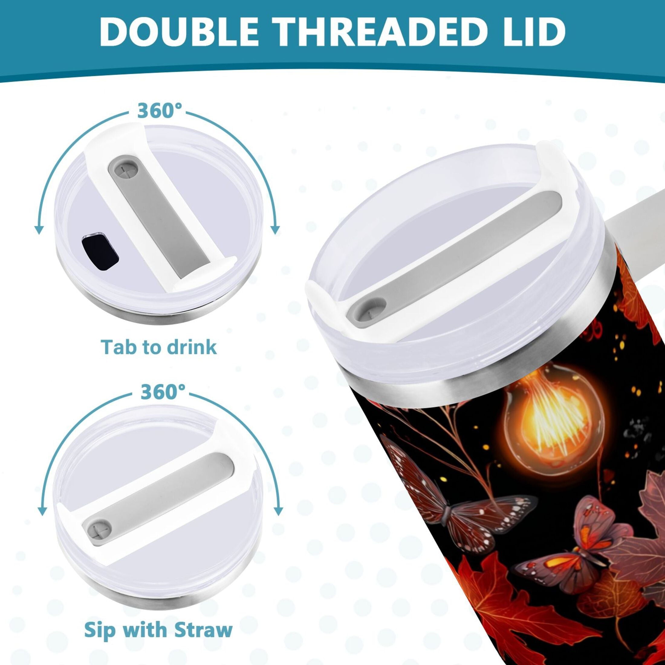 40 oz Insulated Stainless Steel Tumbler Double Wall Stainless Steel Tumbler with 2-Way Drinking Light Bulbs and Maple Leaves 13Q3