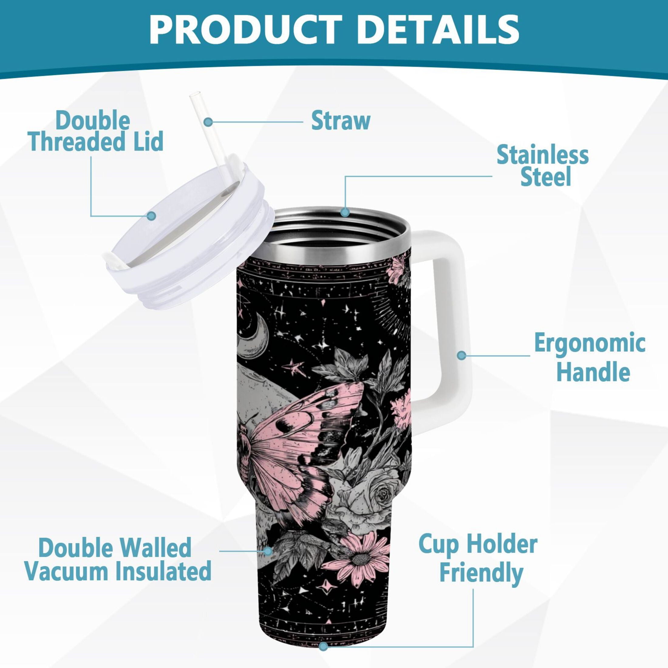 30 oz Insulated Stainless Steel Tumbler Double Wall Stainless Steel Tumbler with 2-Way Drinking Butterfly by Moon and Flowers ZOYE