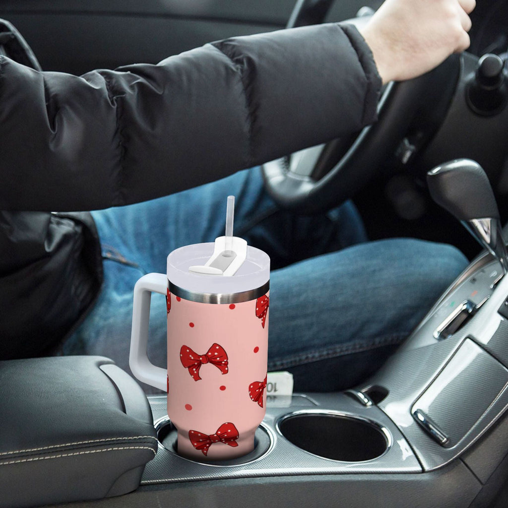40 oz Insulated Stainless Steel Tumbler Double Wall Stainless Steel Tumbler with 2-Way Drinking Red Bows and Polka Dots YVSX