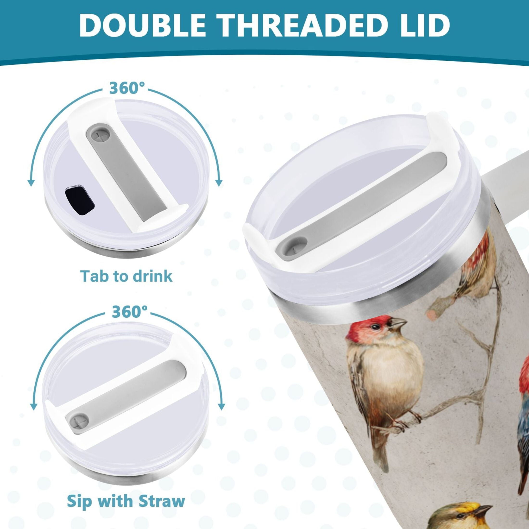 40 oz Insulated Stainless Steel Tumbler Double Wall Stainless Steel Tumbler with 2-Way Drinking Birds Pattern QLKS