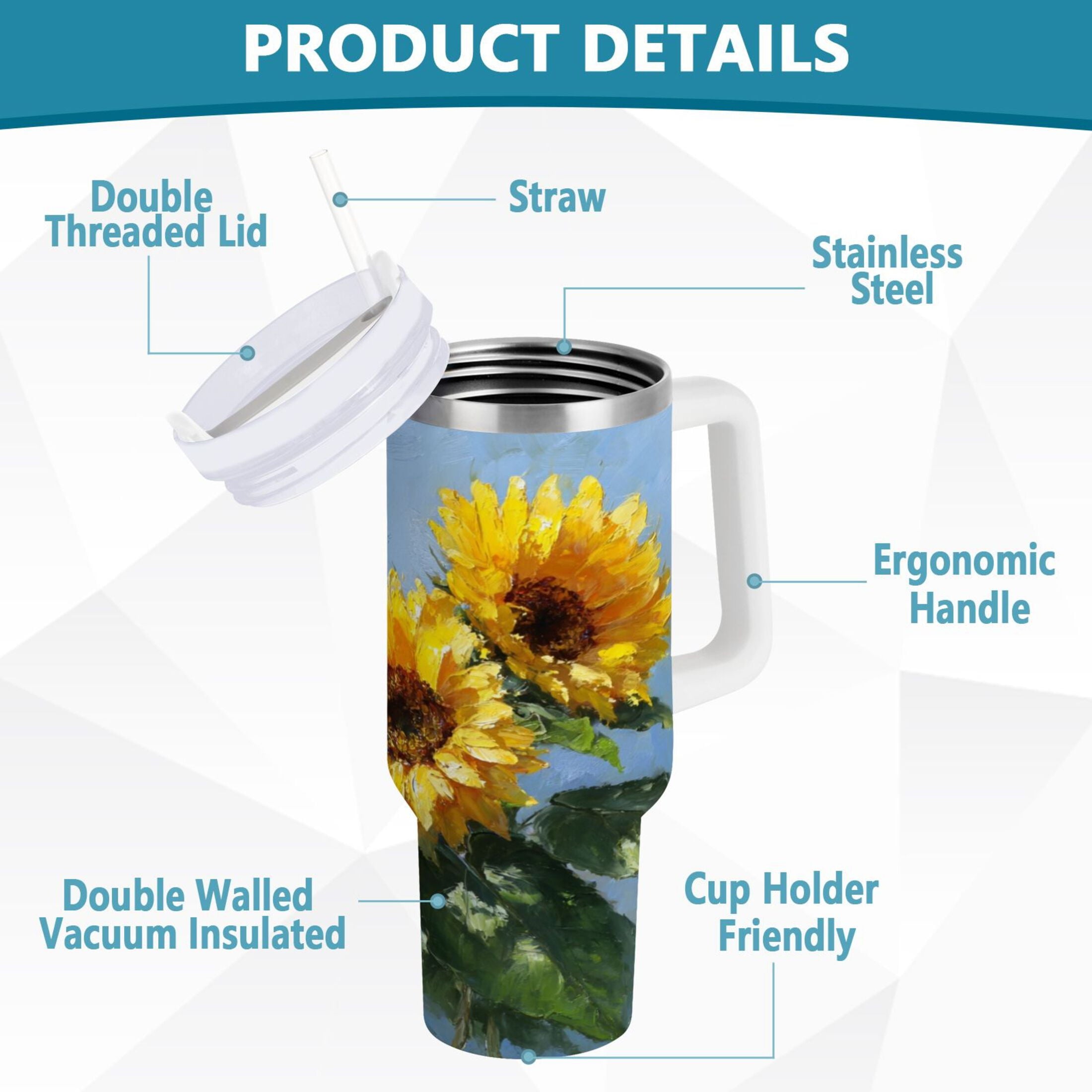40 oz Insulated Stainless Steel Tumbler Double Wall Stainless Steel Tumbler with 2-Way Drinking Sunflowers Painting 0U05