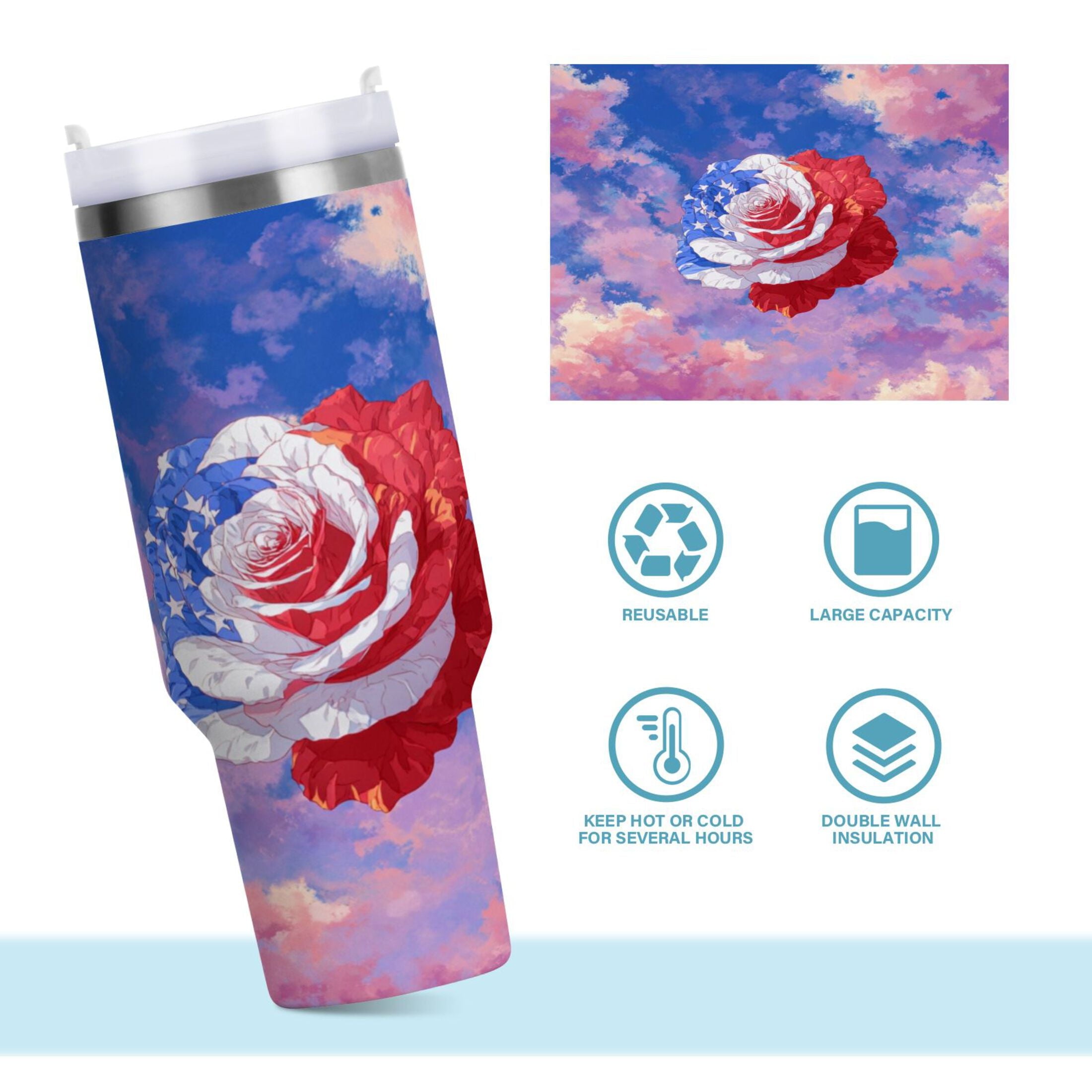 30 oz Insulated Stainless Steel Tumbler Double Wall Stainless Steel Tumbler with 2-Way Drinking Rose with Flag Pattern W6UE