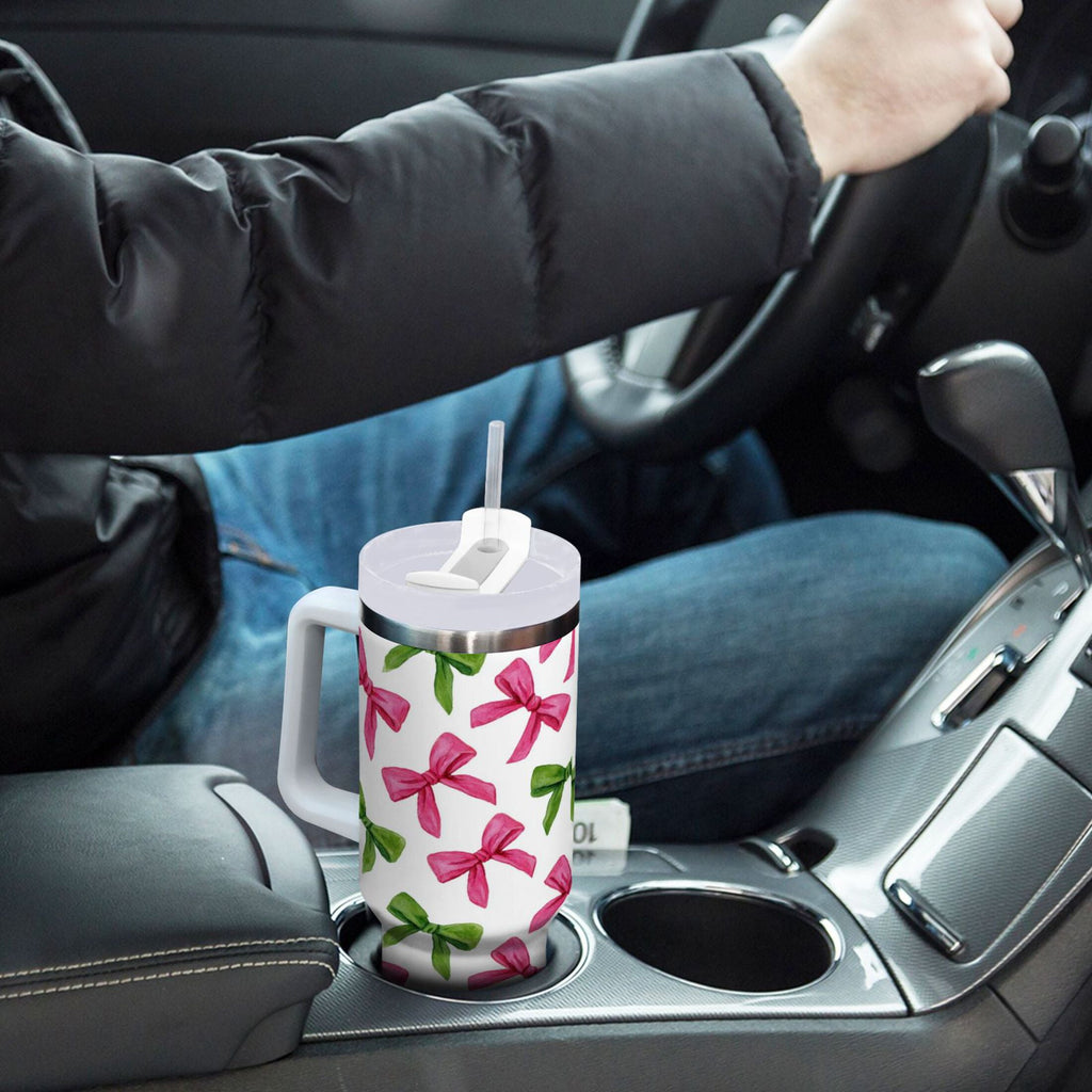 30 oz Insulated Stainless Steel Tumbler Double Wall Stainless Steel Tumbler with 2-Way Drinking Pink Bows and Green Ribbons J3SY