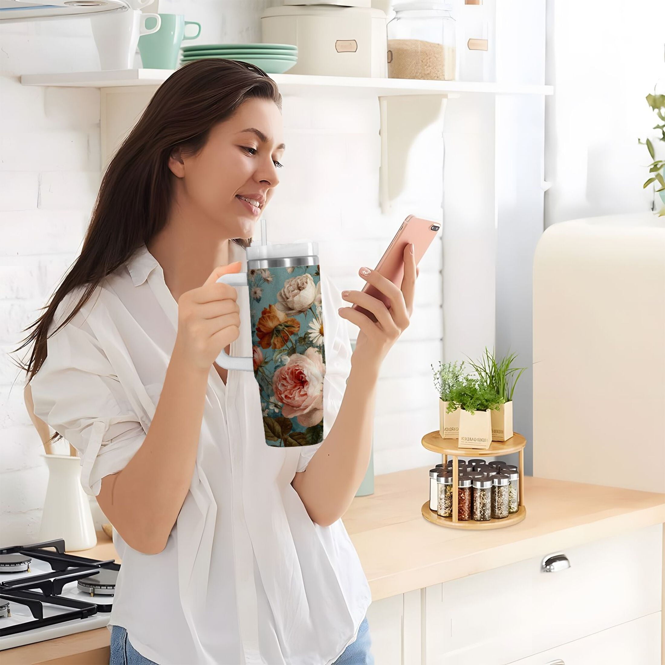 30 oz Insulated Stainless Steel Tumbler Double Wall Stainless Steel Tumbler with 2-Way Drinking Vintage Roses and Peonies 0GSB