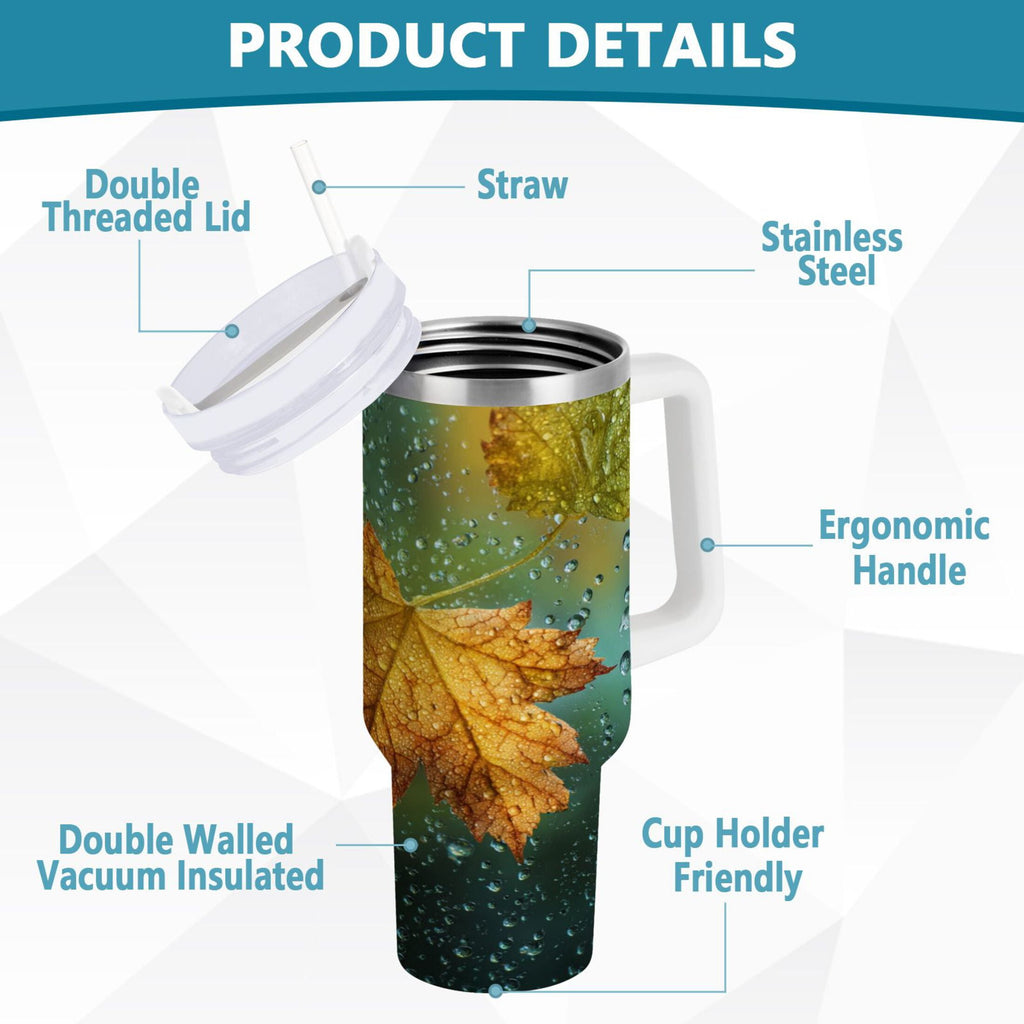 30 oz Insulated Stainless Steel Tumbler Double Wall Stainless Steel Tumbler with 2-Way Drinking Leaves with Water Droplets EV6S