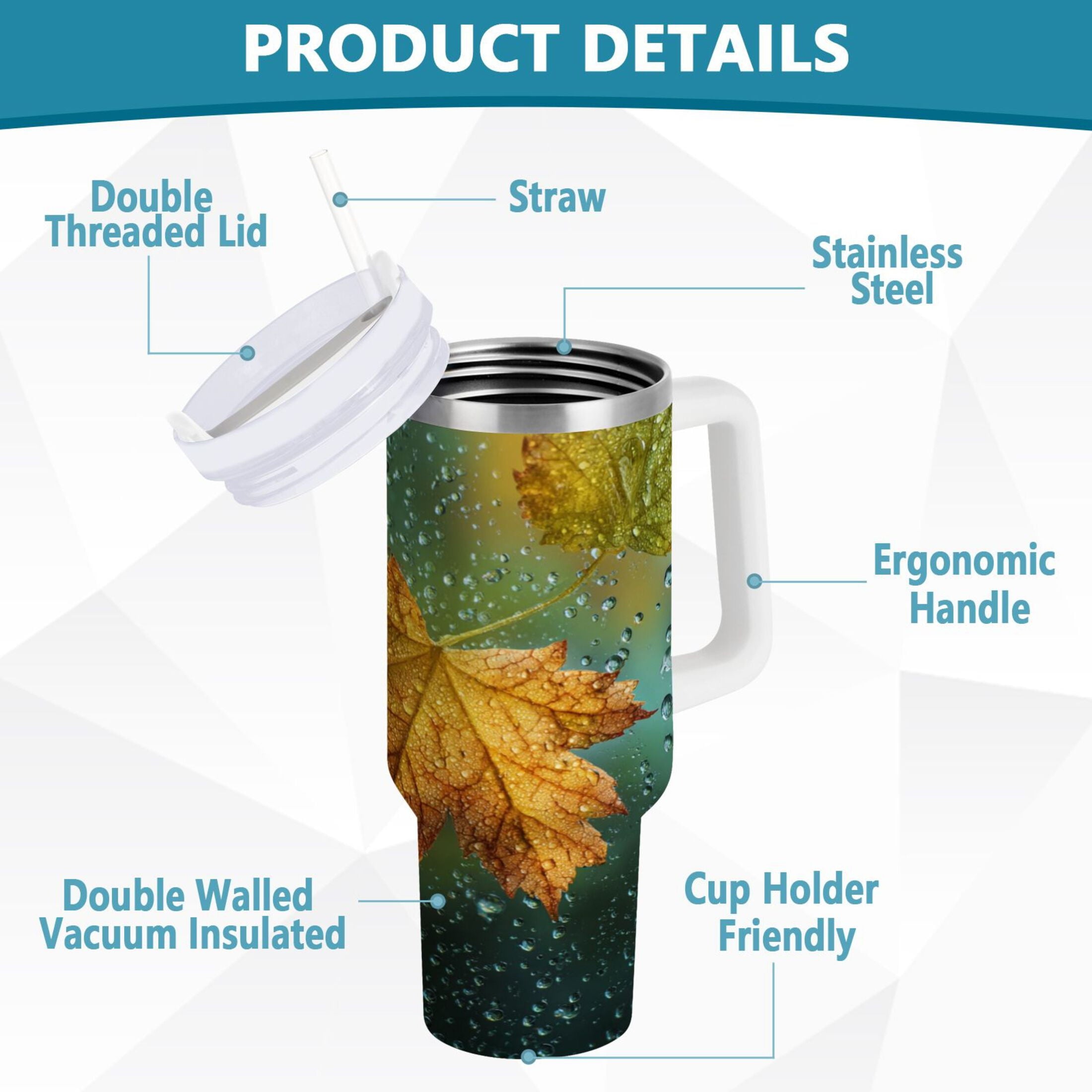 30 oz Insulated Stainless Steel Tumbler Double Wall Stainless Steel Tumbler with 2-Way Drinking Leaves with Water Droplets EV6S