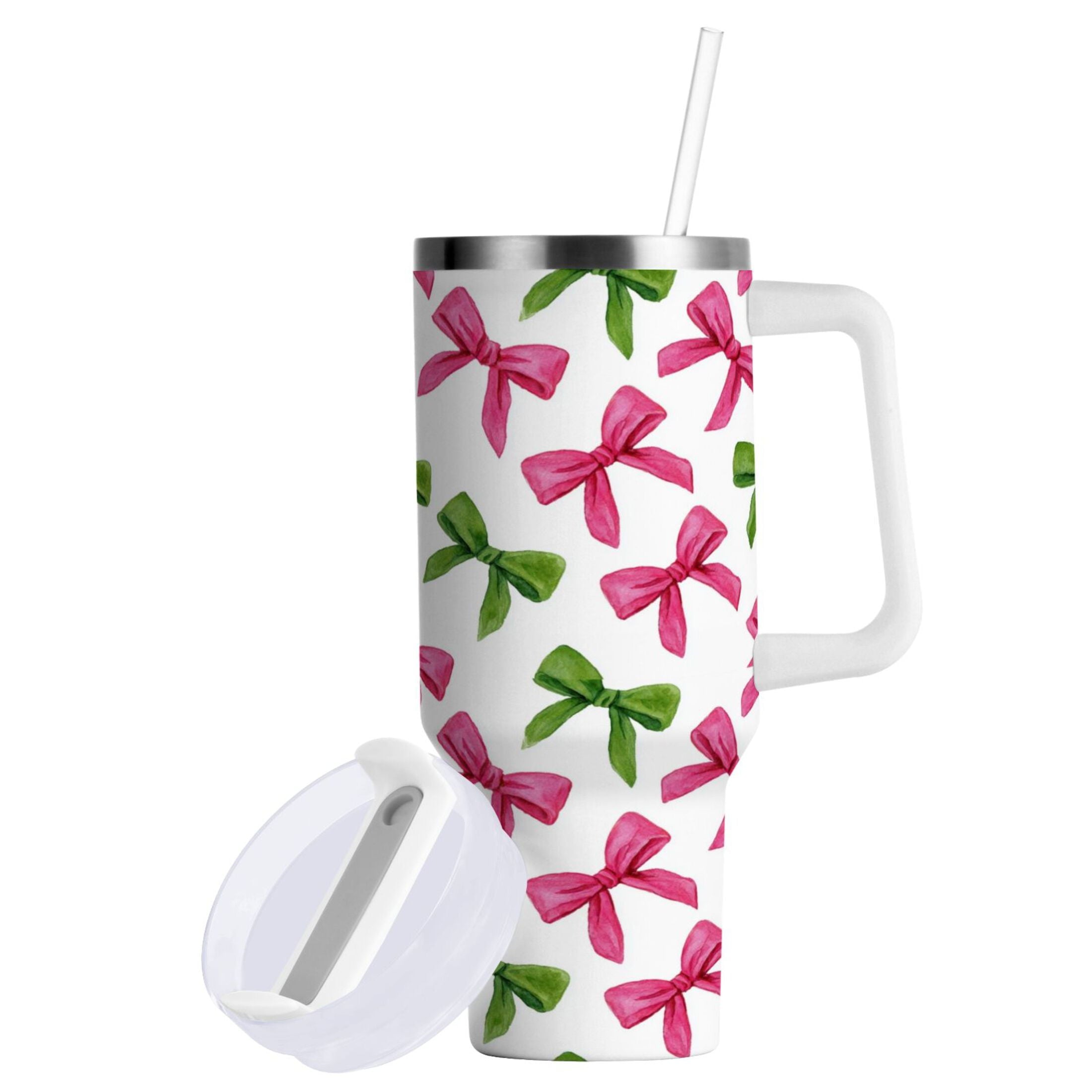 30 oz Insulated Stainless Steel Tumbler Double Wall Stainless Steel Tumbler with 2-Way Drinking Pink Bows and Green Ribbons J3SY
