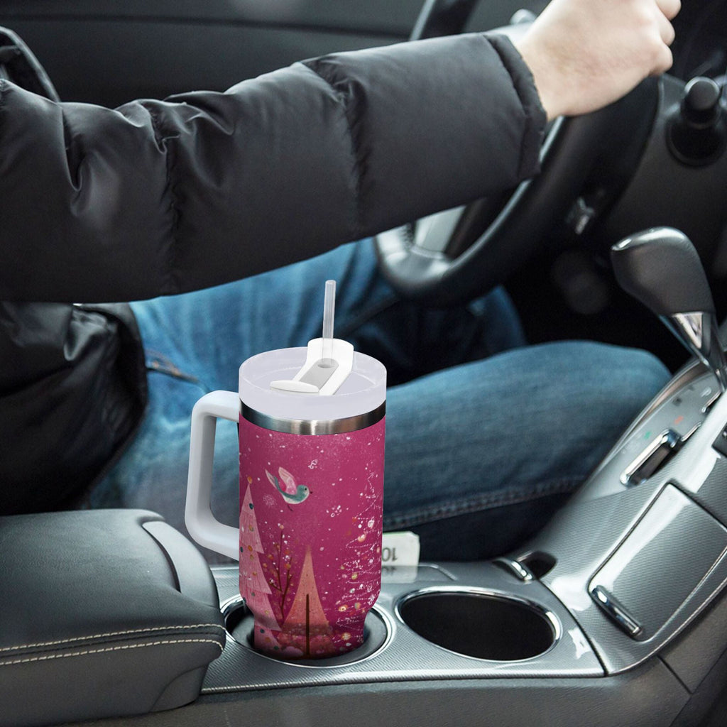 40 oz Insulated Stainless Steel Tumbler Double Wall Stainless Steel Tumbler with 2-Way Drinking Pink Christmas Forest 79HZ