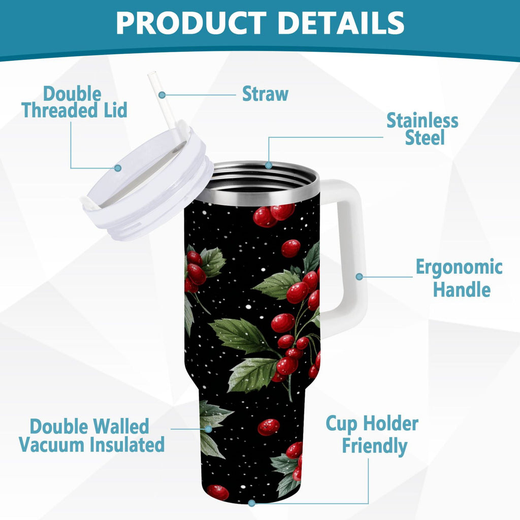 40 oz Insulated Stainless Steel Tumbler Double Wall Stainless Steel Tumbler with 2-Way Drinking Red Holly Berries Pattern UTTW