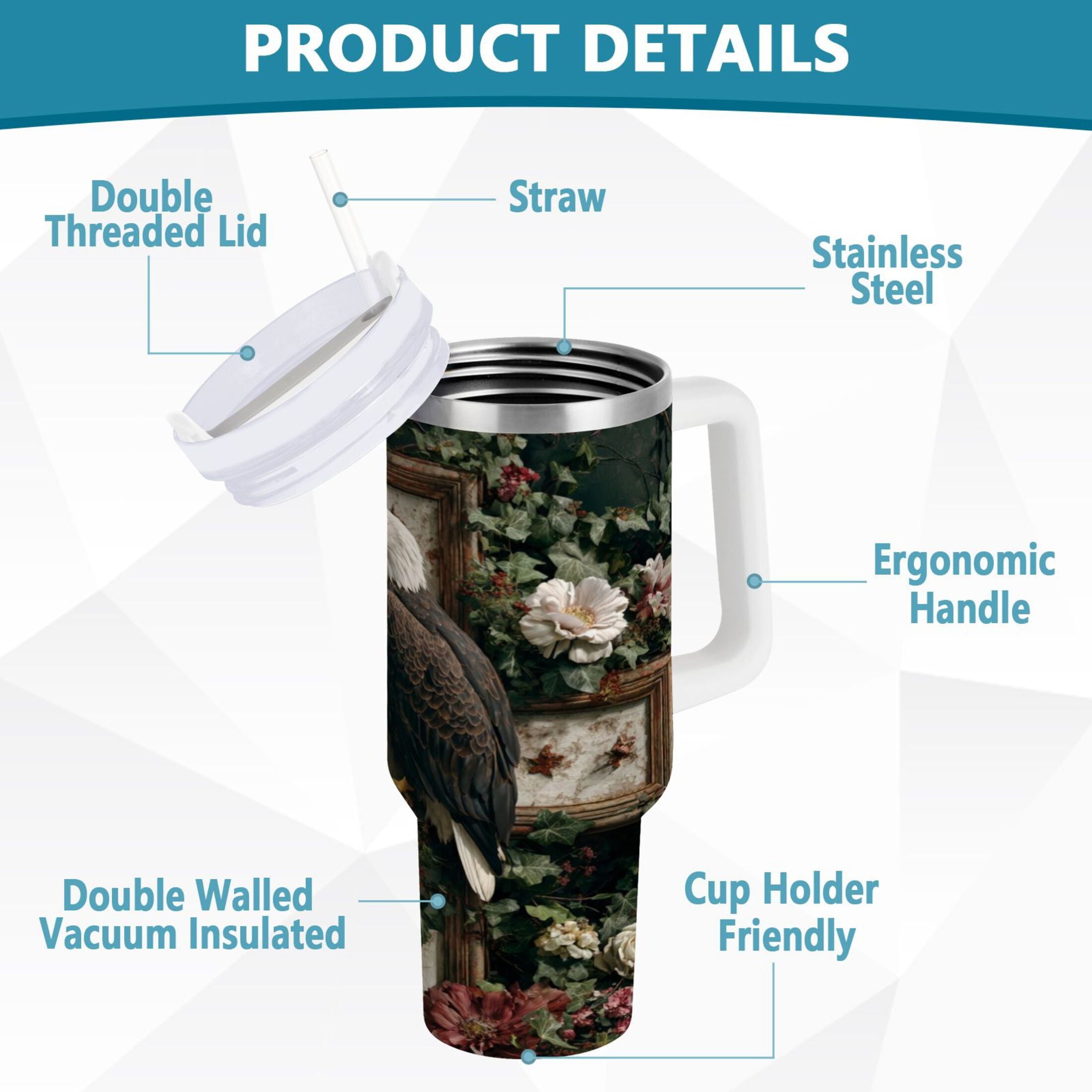 30 oz Insulated Stainless Steel Tumbler Double Wall Stainless Steel Tumbler with 2-Way Drinking Wreath and Bald Eagle 1YL5