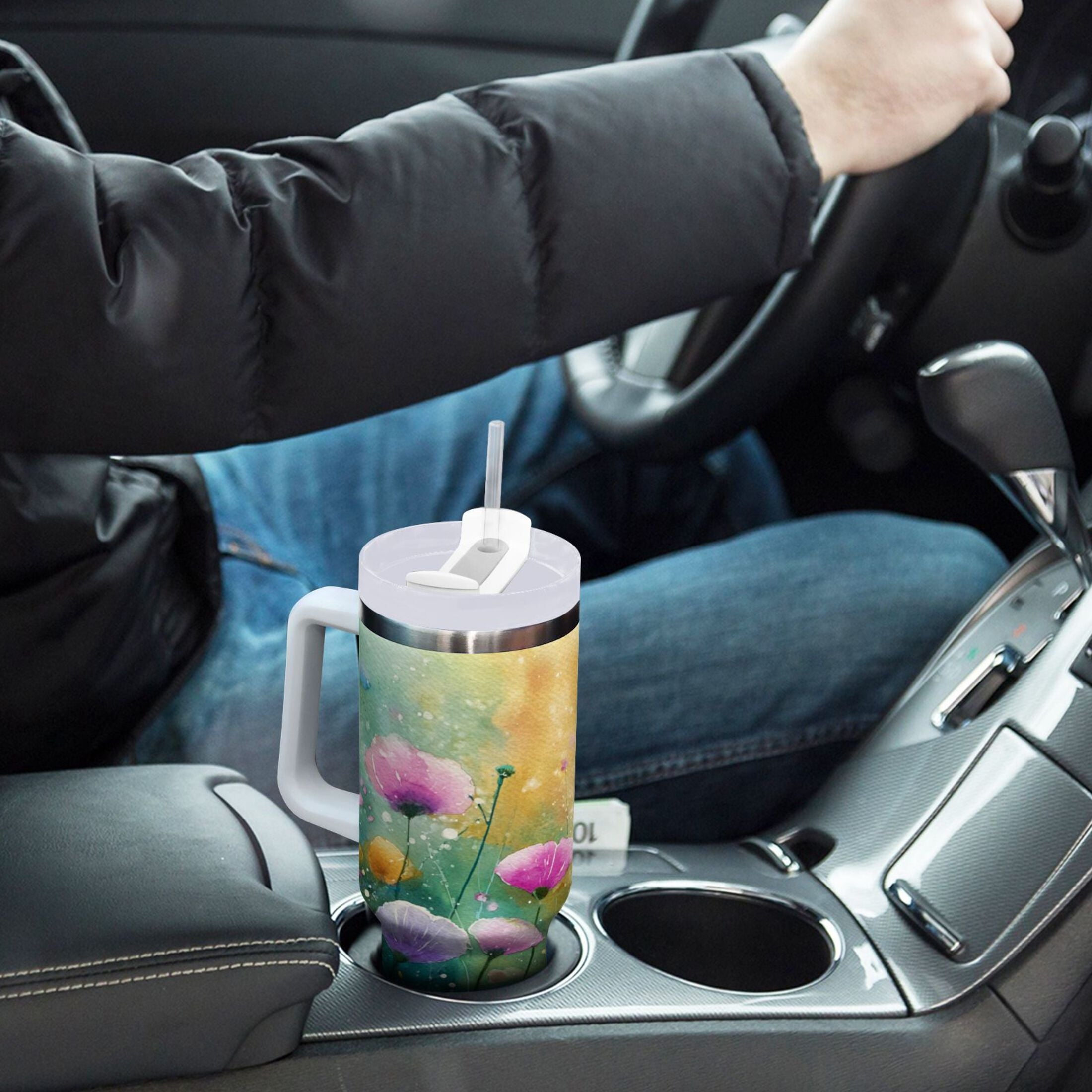 30 oz Insulated Stainless Steel Tumbler Double Wall Stainless Steel Tumbler with 2-Way Drinking Watercolor Wildflowers RLHN