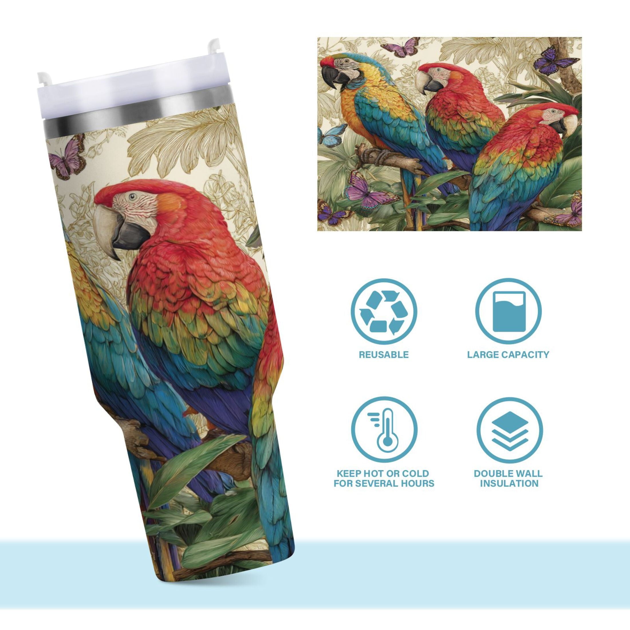 30 oz Insulated Stainless Steel Tumbler Double Wall Stainless Steel Tumbler with 2-Way Drinking Colorful Beautiful Parrots WZXZ