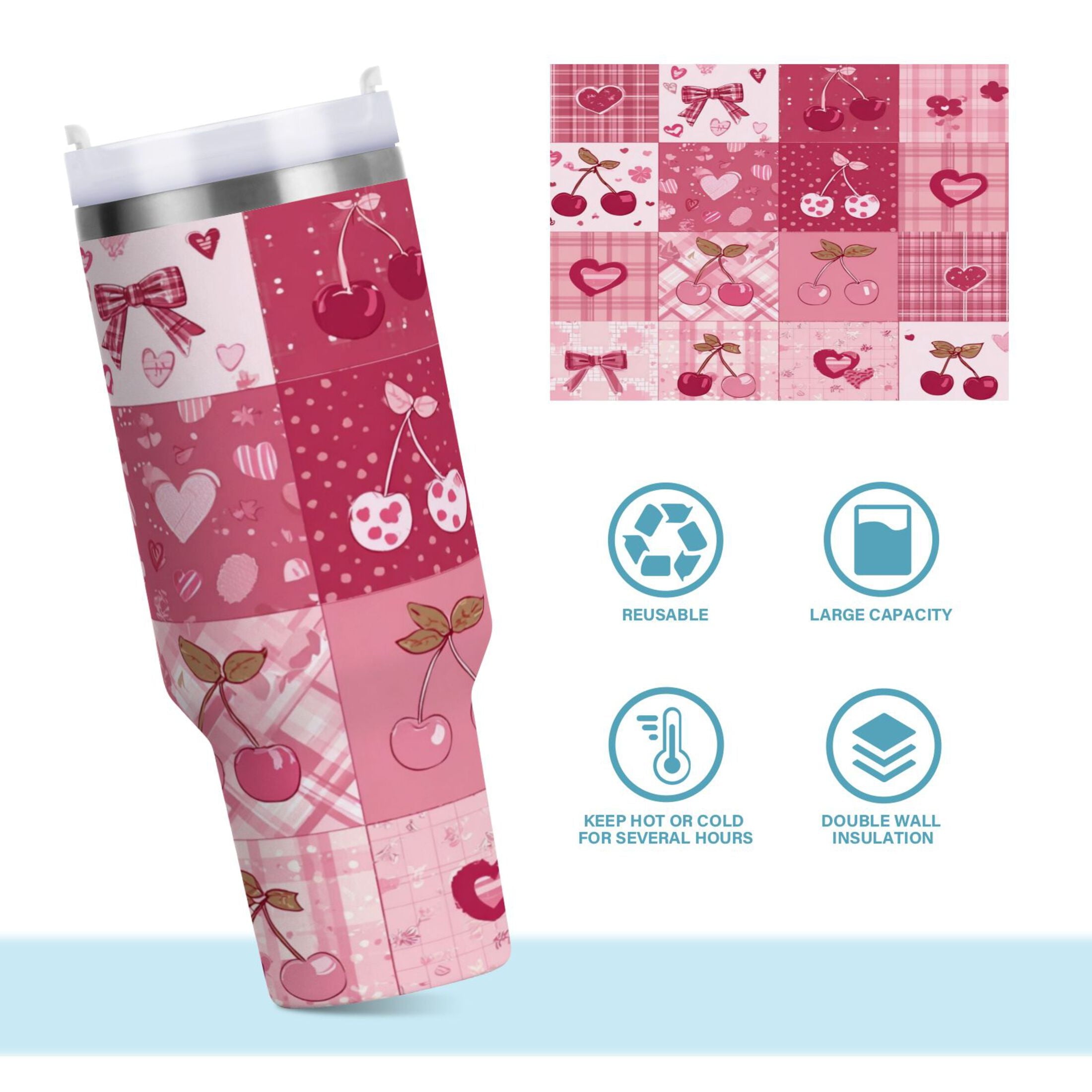30 oz Insulated Stainless Steel Tumbler Double Wall Stainless Steel Tumbler with 2-Way Drinking Cherry Pattern with Bows 0RMT
