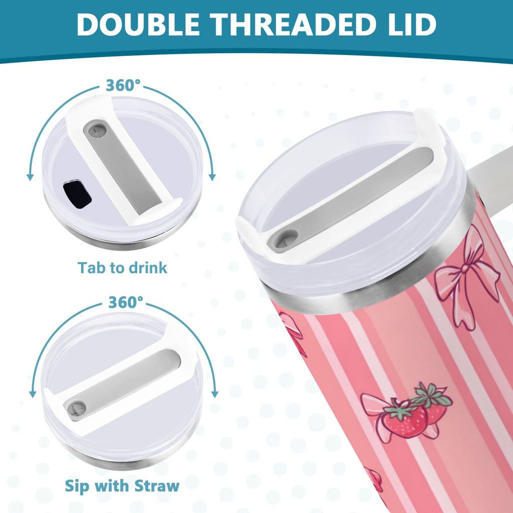 30 oz Insulated Stainless Steel Tumbler Double Wall Stainless Steel Tumbler with 2-Way Drinking Pink Bows and Strawberries RGCS