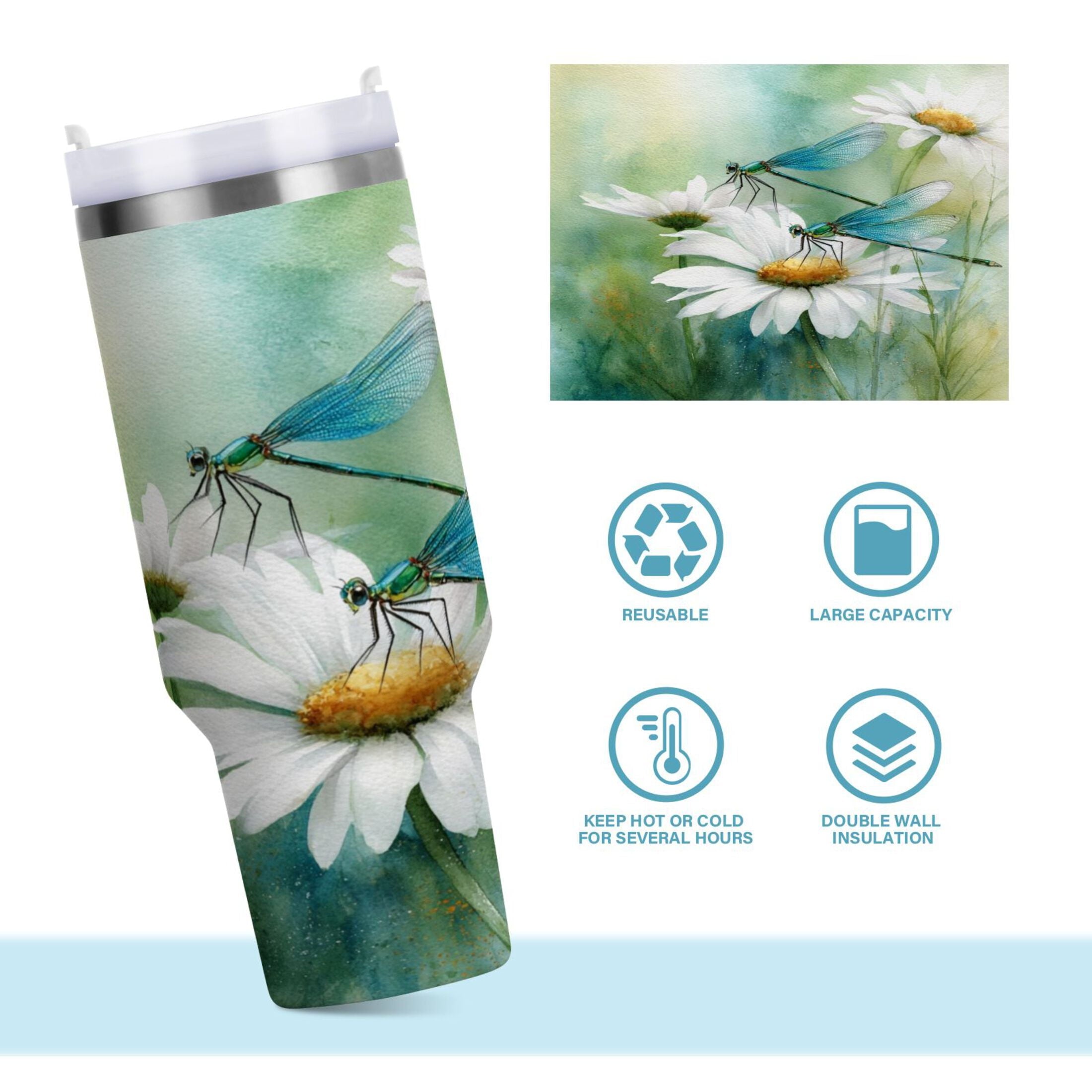 30 oz Insulated Stainless Steel Tumbler Double Wall Stainless Steel Tumbler with 2-Way Drinking Beautiful Dragonflies and Daisies 3A2U