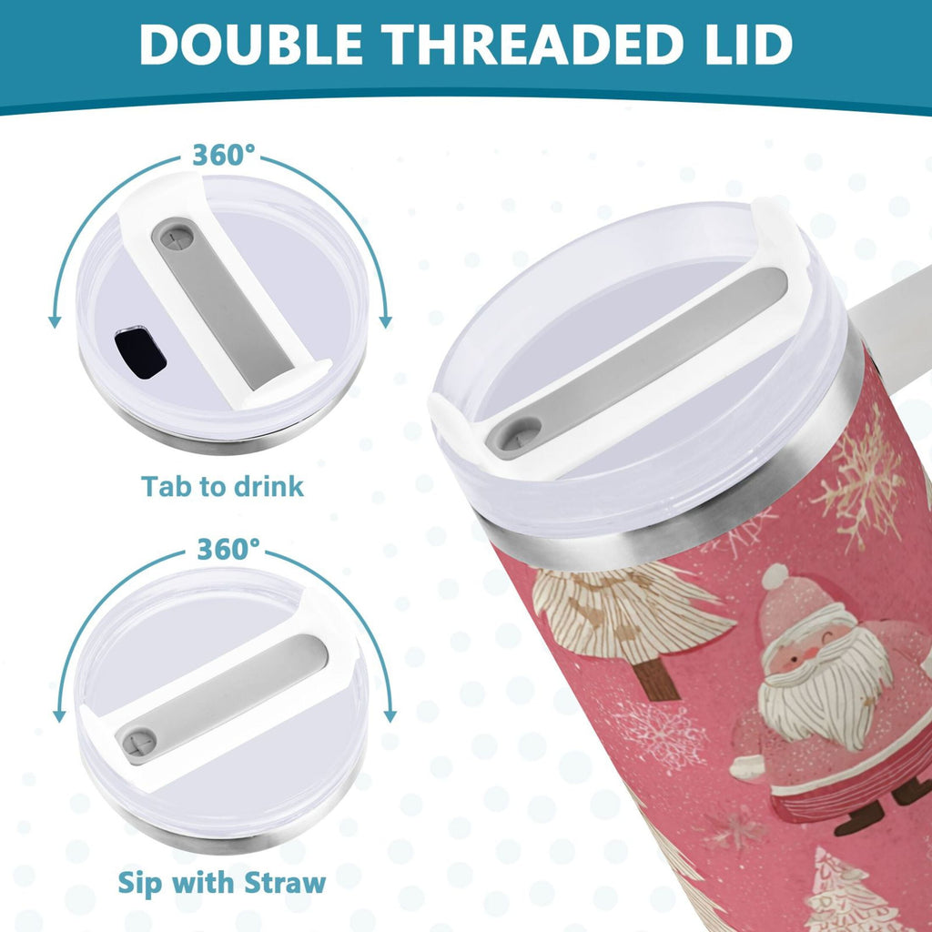 40 oz Insulated Stainless Steel Tumbler Double Wall Stainless Steel Tumbler with 2-Way Drinking Pink Santa Claus Pattern 5XYO