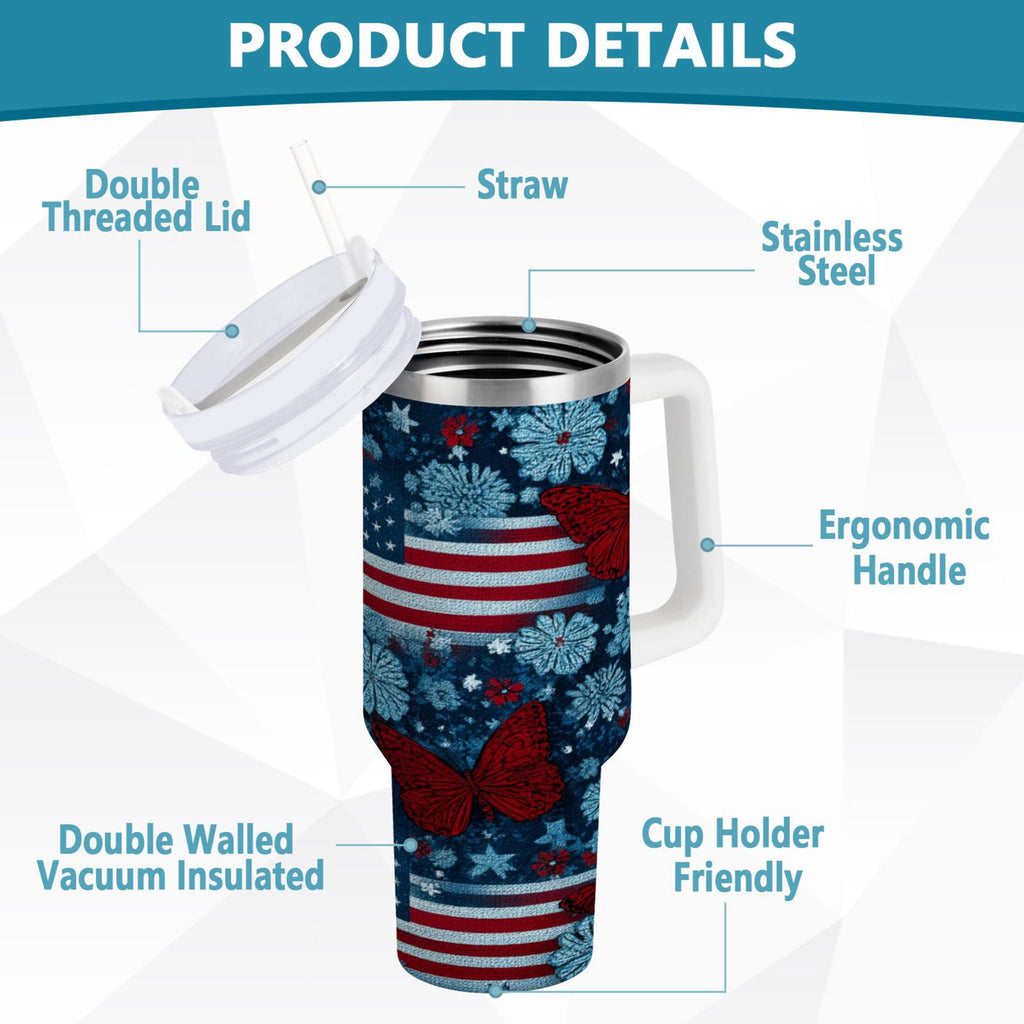 30 oz Insulated Stainless Steel Tumbler Double Wall Stainless Steel Tumbler with 2-Way Drinking Red Butterflies and Flags CB52