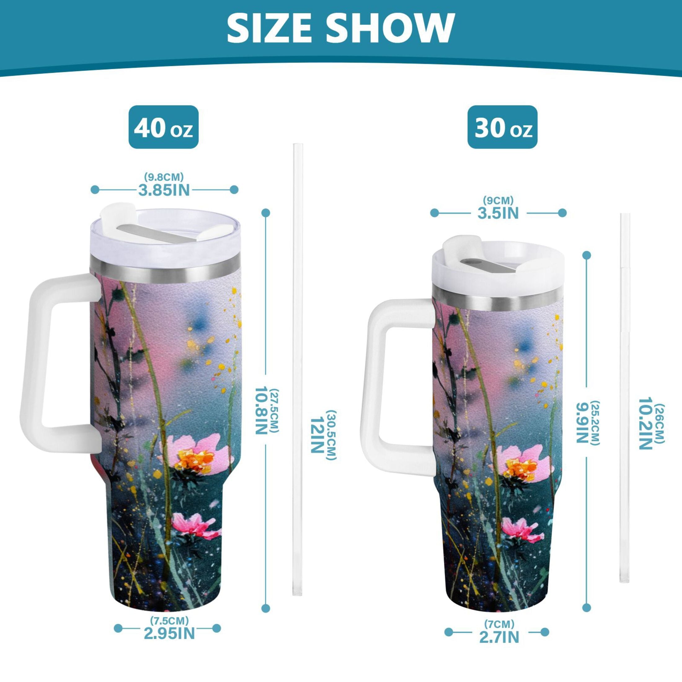 40 oz Insulated Stainless Steel Tumbler Double Wall Stainless Steel Tumbler with 2-Way Drinking Abstract Wildflowers UZH3