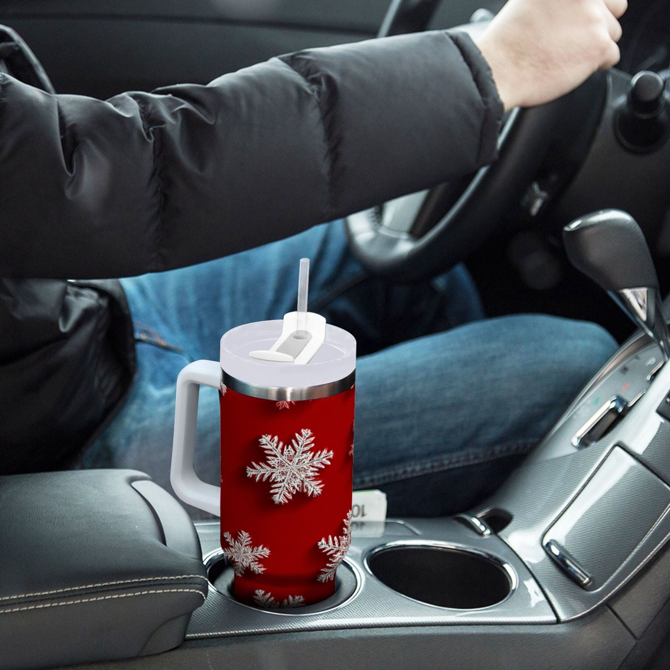 30 oz Insulated Stainless Steel Tumbler Double Wall Stainless Steel Tumbler with 2-Way Drinking Red and White Snowflakes HOMD