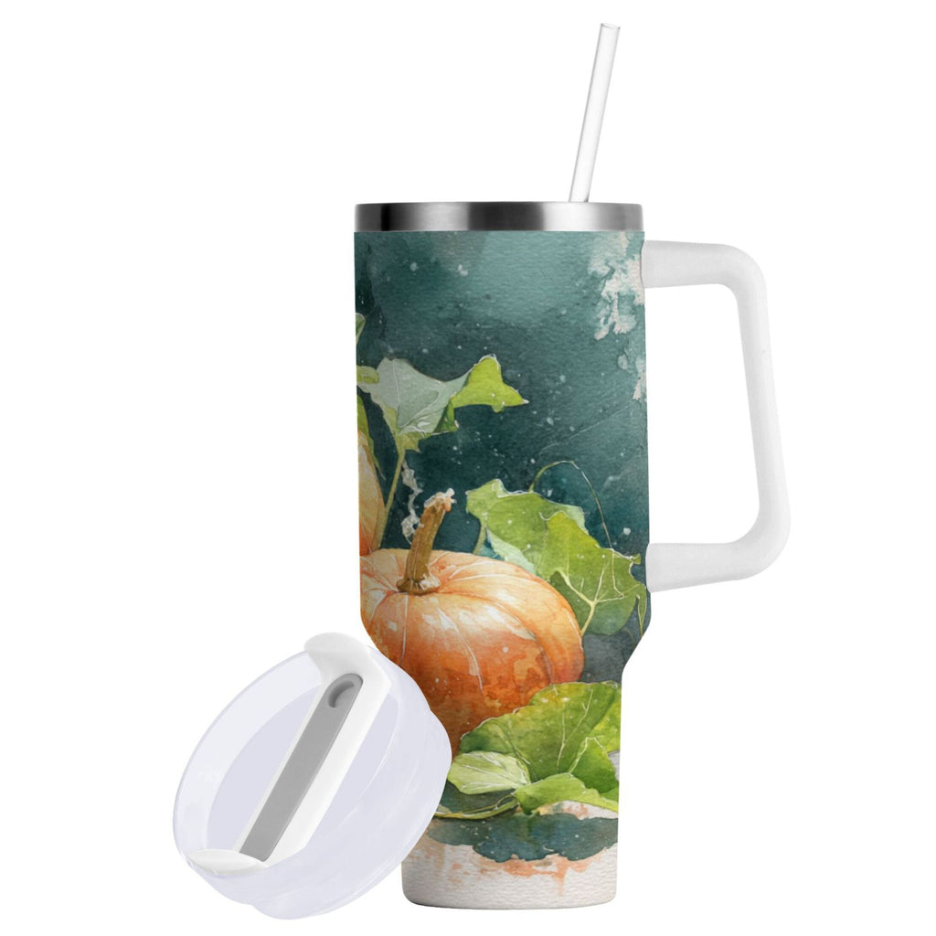 40 oz Insulated Stainless Steel Tumbler Double Wall Stainless Steel Tumbler with 2-Way Drinking Orange and White Pumpkins Y465