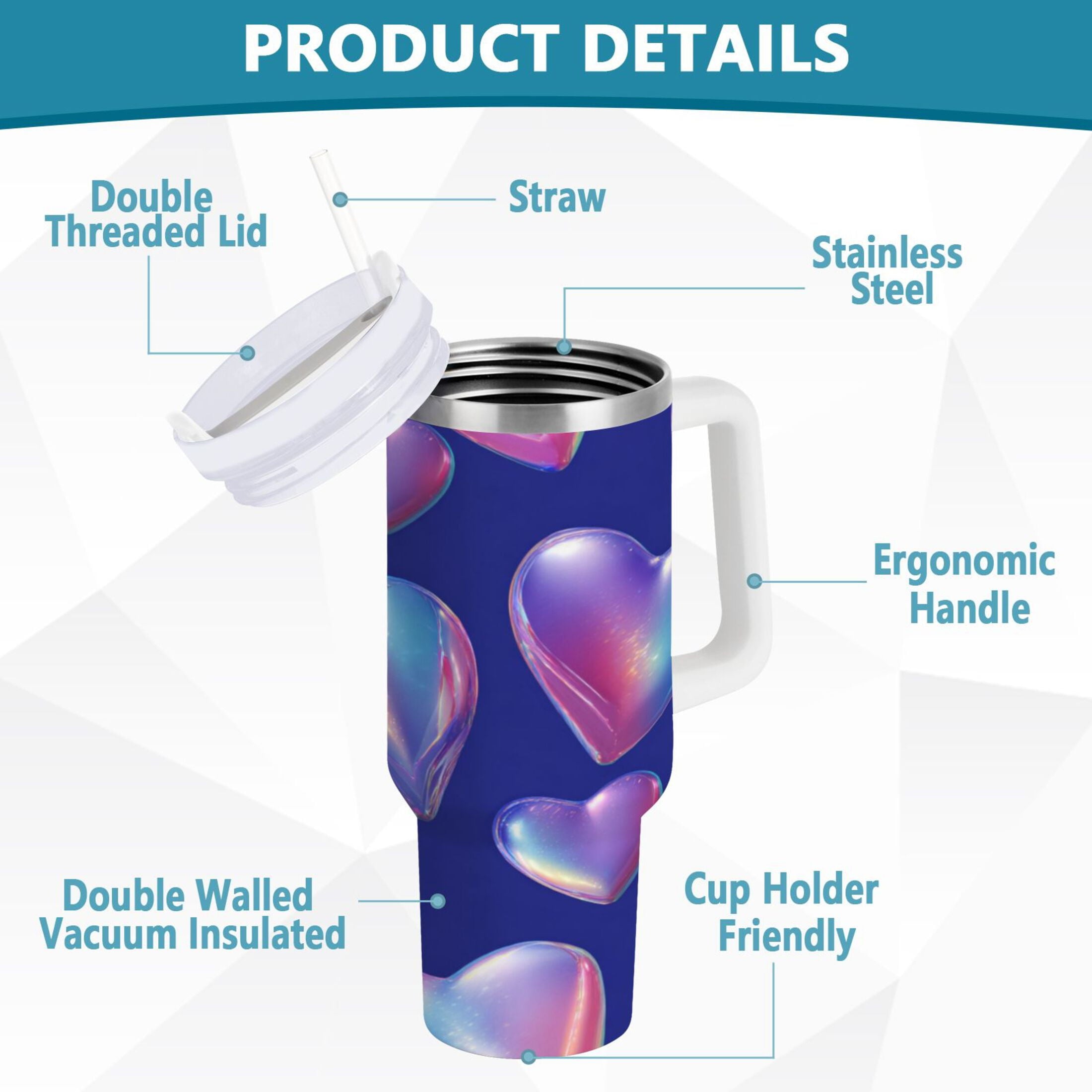 30 oz Insulated Stainless Steel Tumbler Double Wall Stainless Steel Tumbler with 2-Way Drinking Pink-purple Hearts 44YB