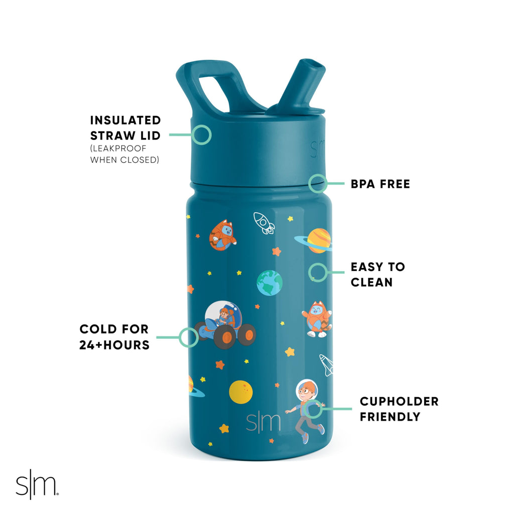 Simple Modern Blippi Kids Water Bottle with Straw Lid | Insulated Stainless Steel Reusable Tumbler for Toddlers, Girls | Summit Collection | 14oz, Blippi Space M094