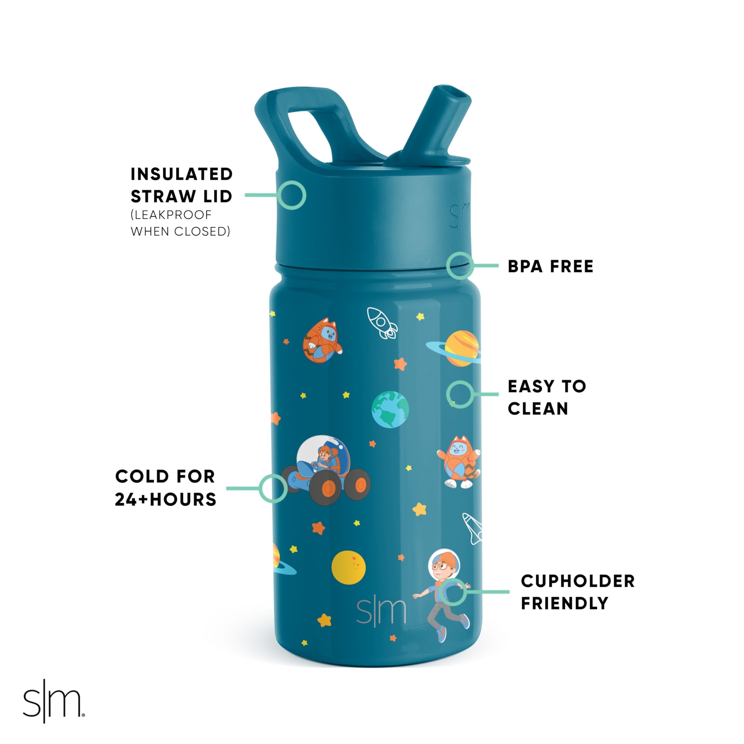 Simple Modern Blippi Kids Water Bottle with Straw Lid | Insulated Stainless Steel Reusable Tumbler for Toddlers, Girls | Summit Collection | 14oz, Blippi Space M094