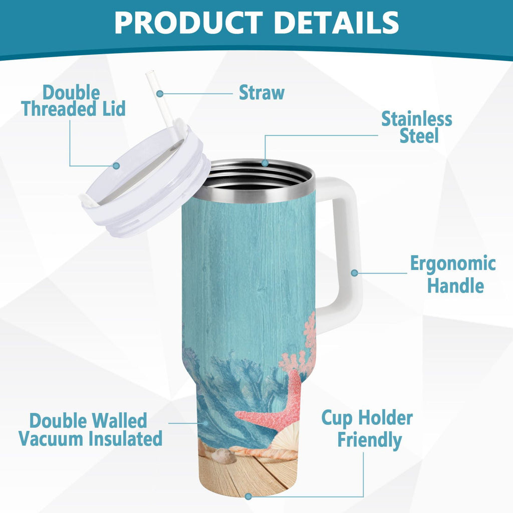 40 oz Insulated Stainless Steel Tumbler Double Wall Stainless Steel Tumbler with 2-Way Drinking Colorful Starfish and Seashells 9SSB