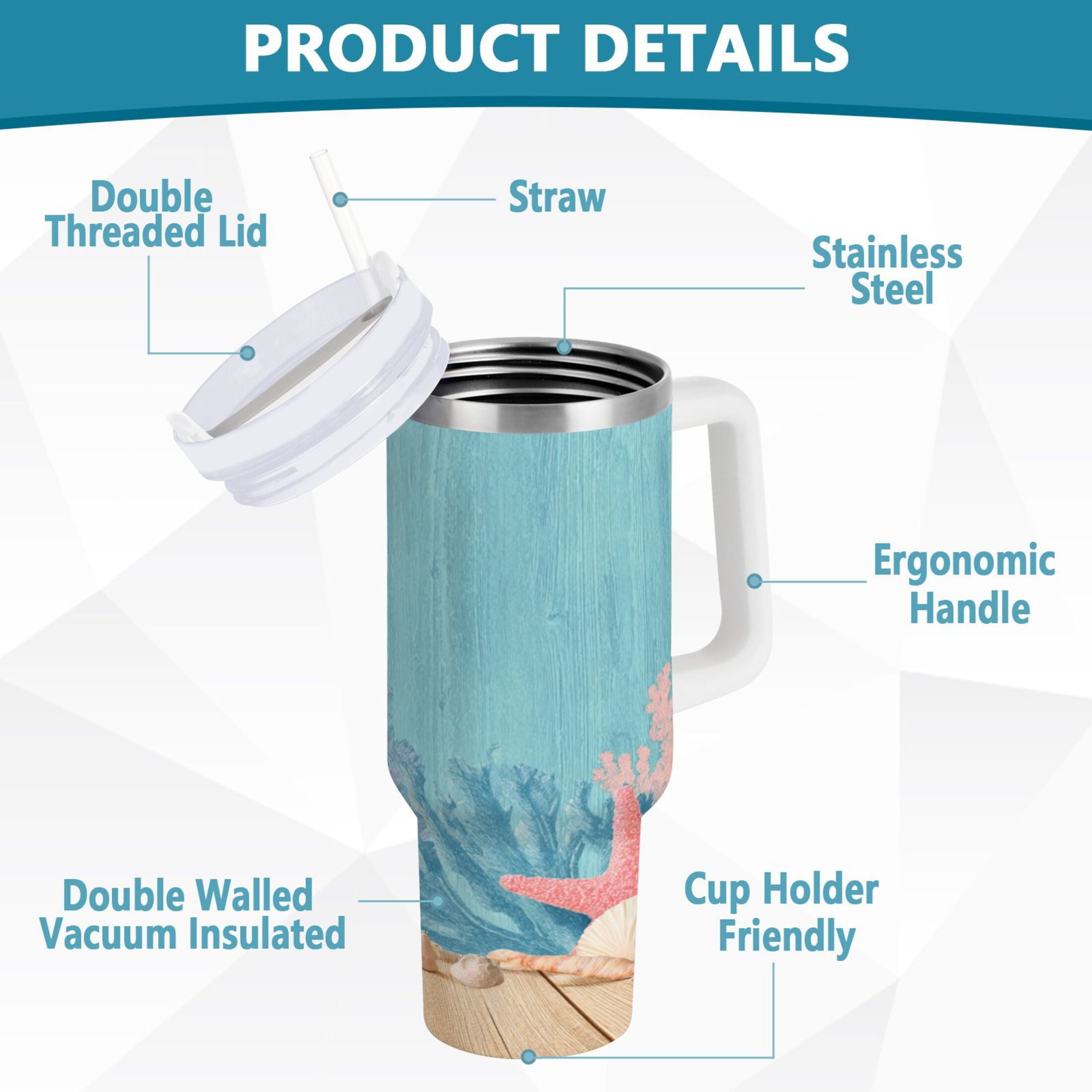 40 oz Insulated Stainless Steel Tumbler Double Wall Stainless Steel Tumbler with 2-Way Drinking Colorful Starfish and Seashells 9SSB