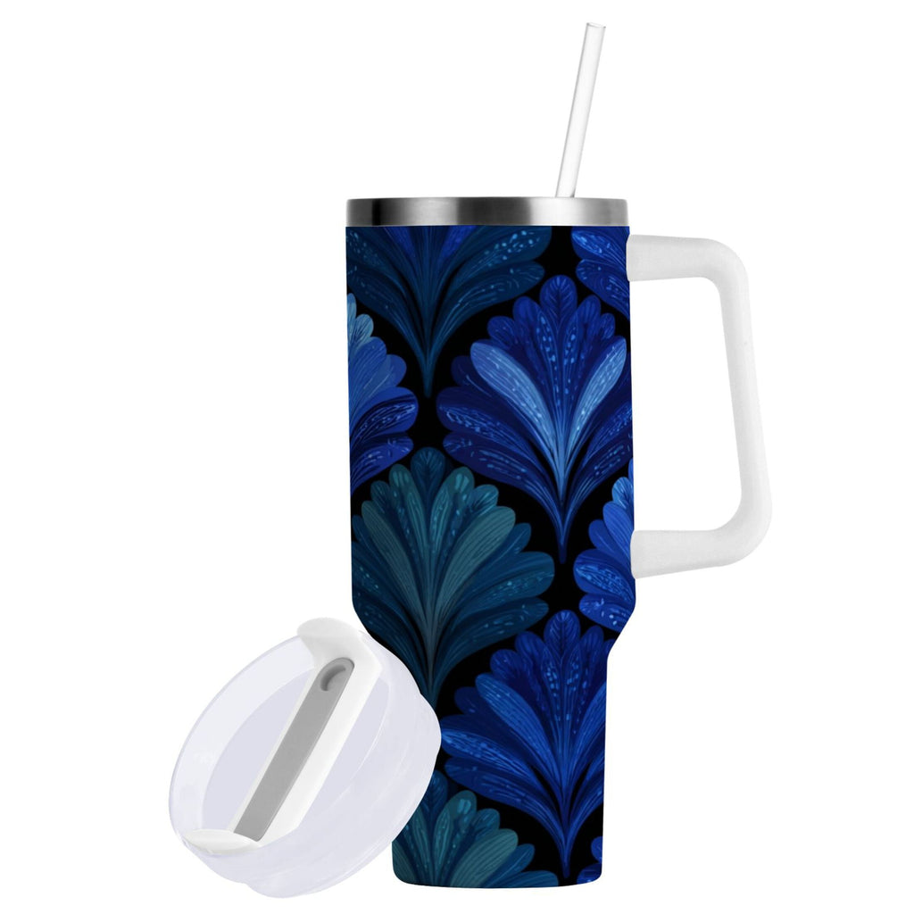 30 oz Insulated Stainless Steel Tumbler Double Wall Stainless Steel Tumbler with 2-Way Drinking Blue Batik Leaves Pattern C787
