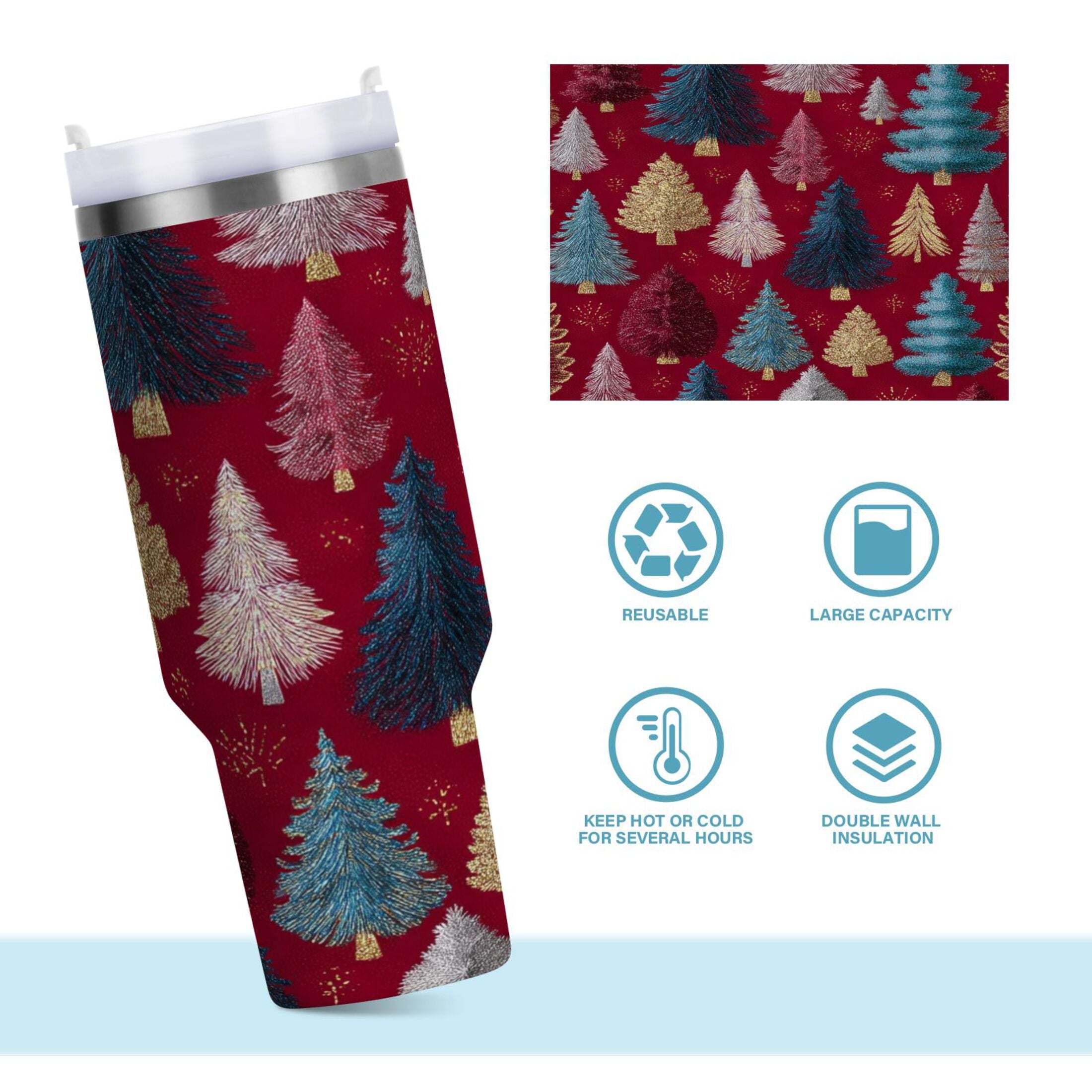 30 oz Insulated Stainless Steel Tumbler Double Wall Stainless Steel Tumbler with 2-Way Drinking Stylized Christmas Trees GO5O