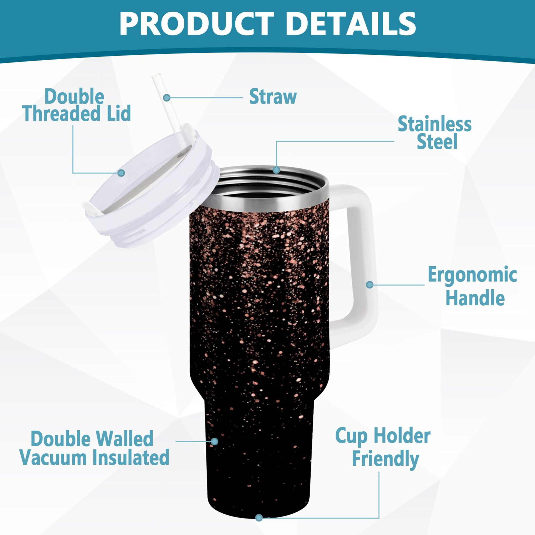 40 oz Insulated Stainless Steel Tumbler Double Wall Stainless Steel Tumbler with 2-Way Drinking Rose Gold Glitter CWRT