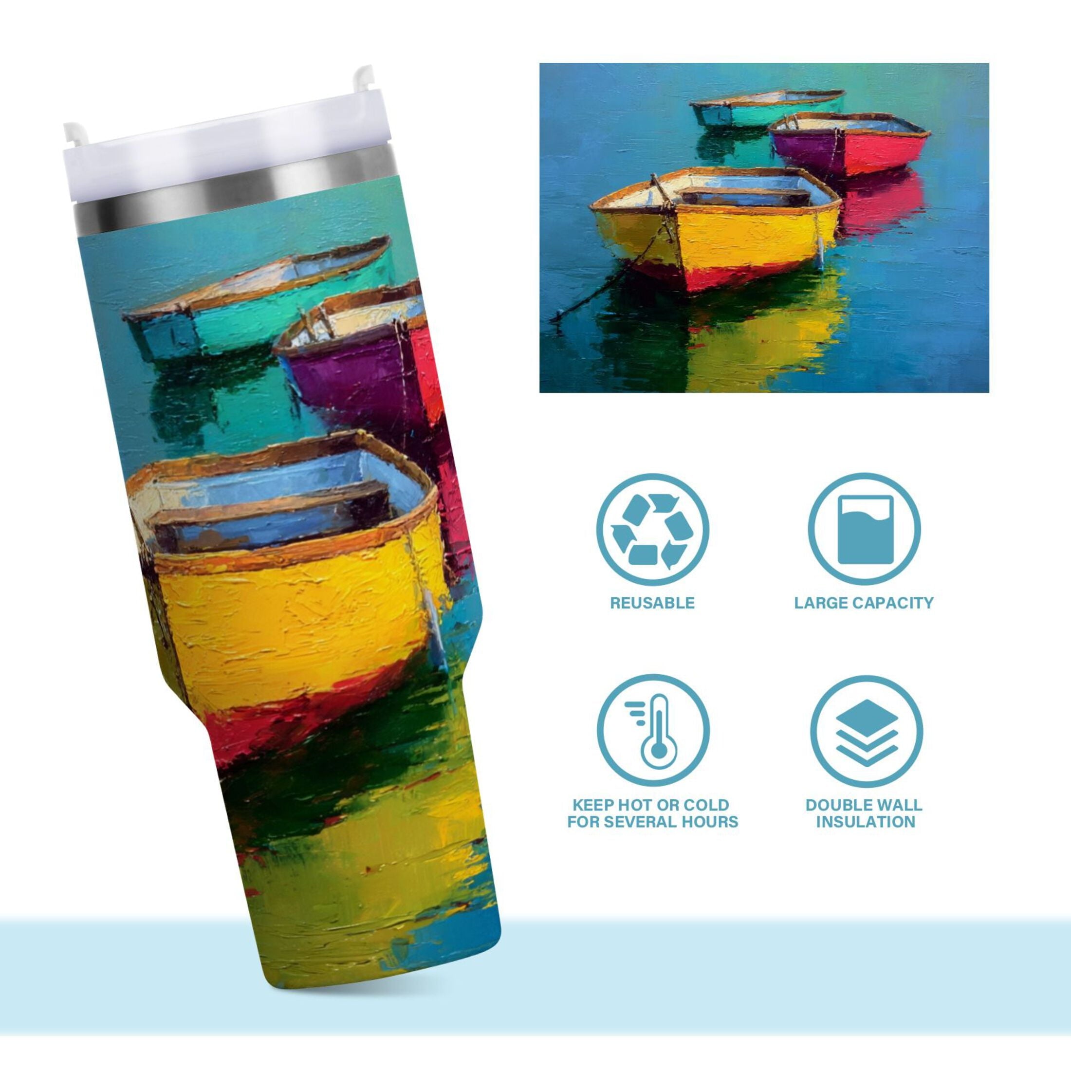 30 oz Insulated Stainless Steel Tumbler Double Wall Stainless Steel Tumbler with 2-Way Drinking Colorful Row Boats B56N