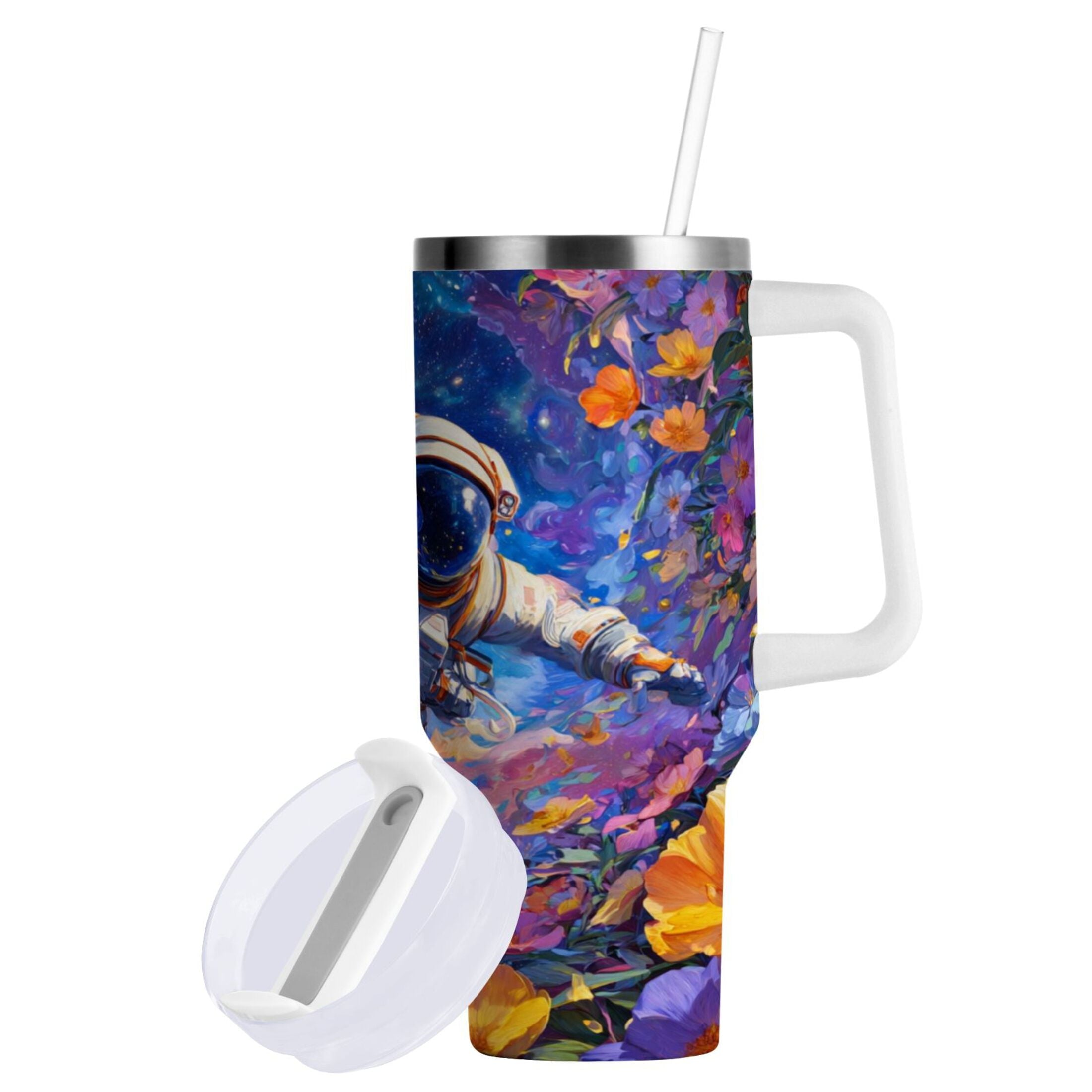 40 oz Insulated Stainless Steel Tumbler Double Wall Stainless Steel Tumbler with 2-Way Drinking Astronaut and Colorful Flowers 2CCT
