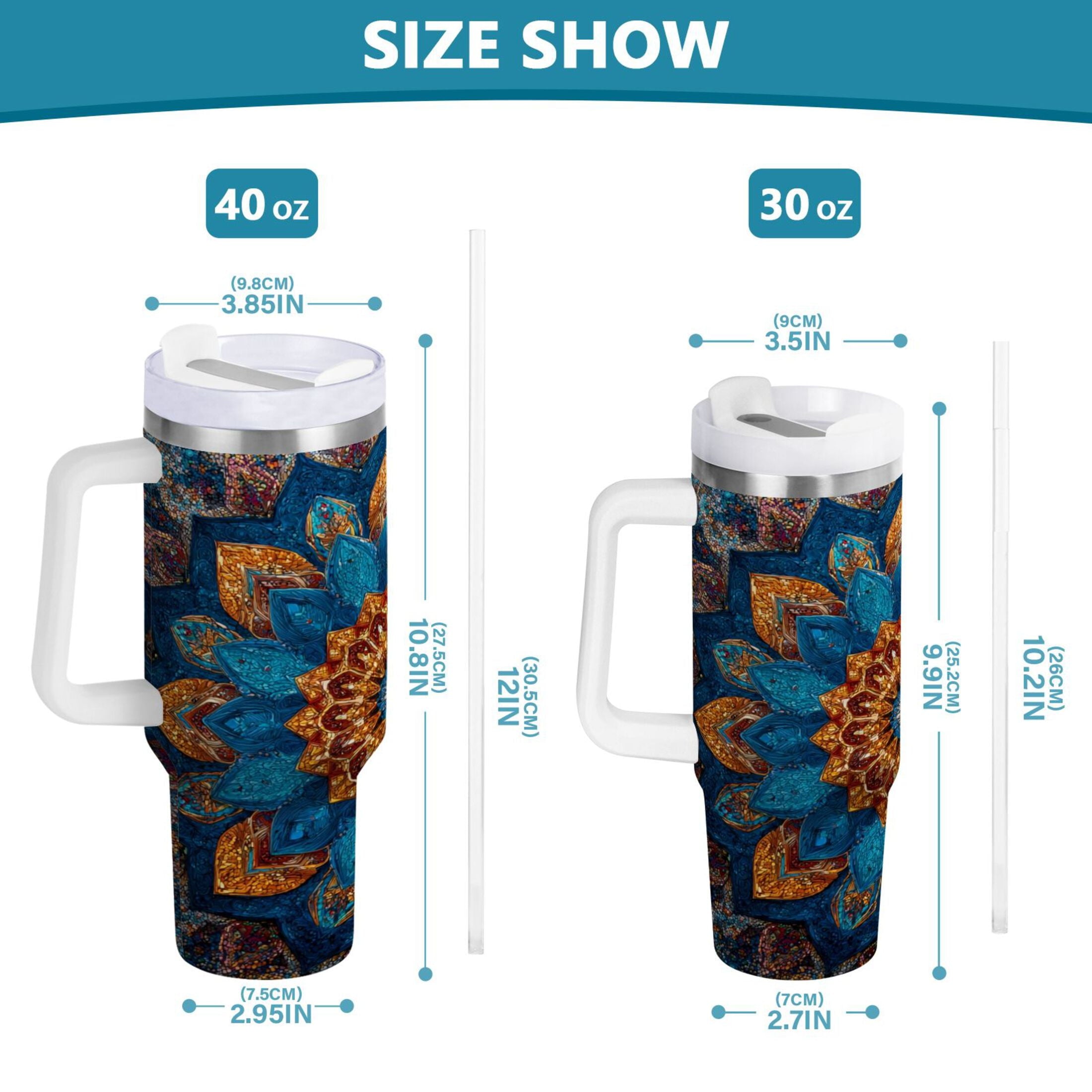 40 oz Insulated Stainless Steel Tumbler Double Wall Stainless Steel Tumbler with 2-Way Drinking Intricate Geometric Shapes TU13